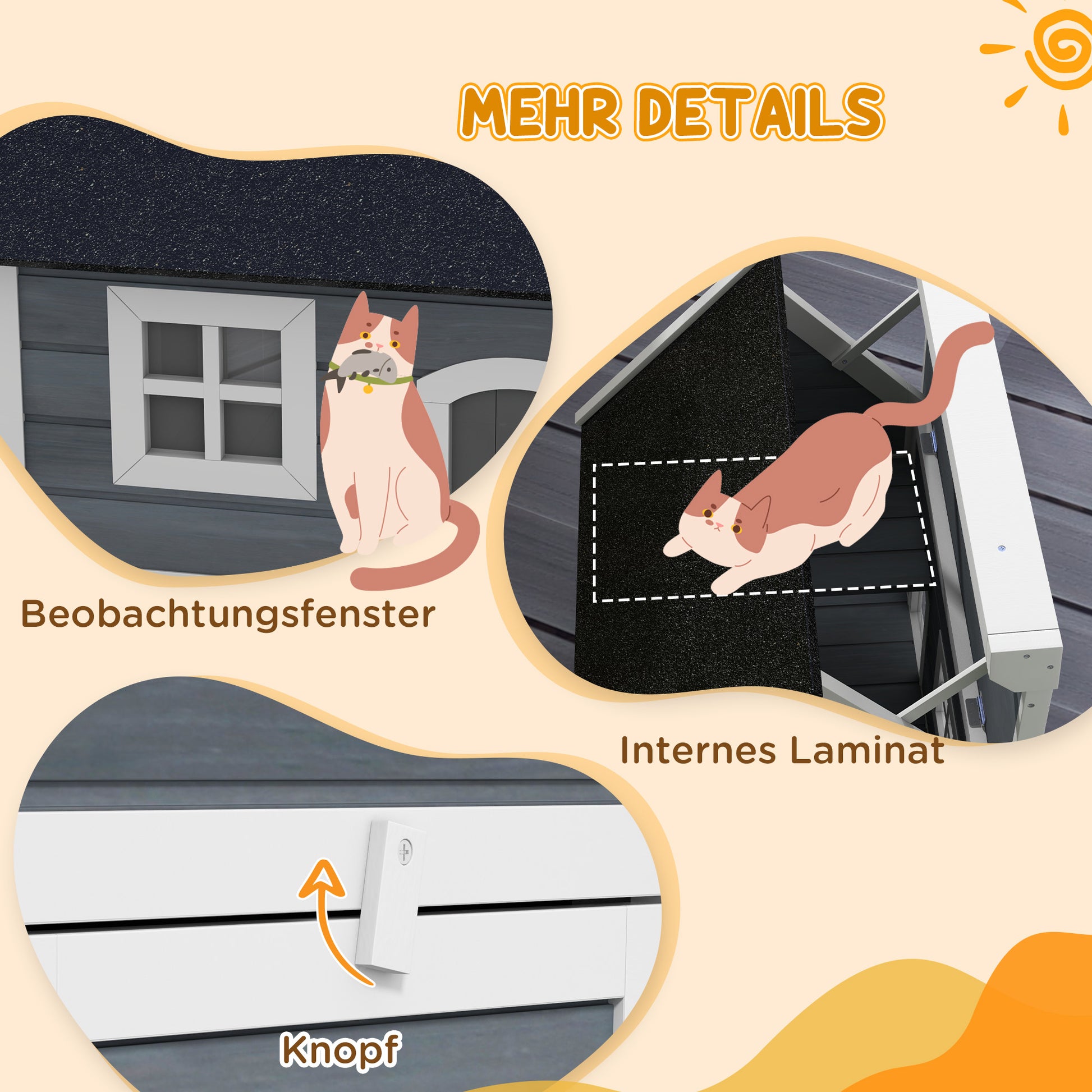 Outdoor Cat House Cat Cave made of wood, with foldable asphalt roof, Weatherproof Cat Cottage with window, 3 doors, 77 x 57.5 x 68 cm, Gray
