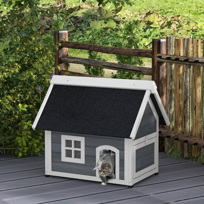 Outdoor Cat House Cat Cave made of wood, with foldable asphalt roof, Weatherproof Cat Cottage with window, 3 doors, 77 x 57.5 x 68 cm, Gray