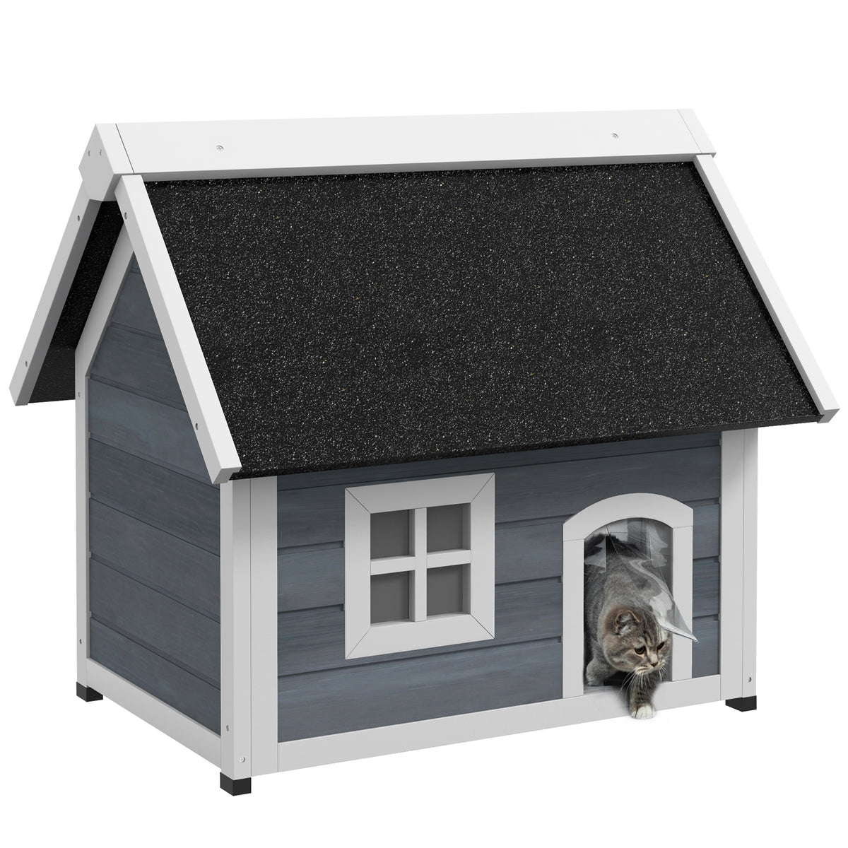 PawHut Outdoor Katzenhaus aus Holz, mit faltbarem Asphalt-Dach, wetterfestem Katzen-Cottage mit Fenster, 3 Türen, 77 x 57,5 x 68 cm, Grau