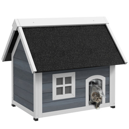 Outdoor Cat House Cat Cave made of wood, with foldable asphalt roof, Weatherproof Cat Cottage with window, 3 doors, 77 x 57.5 x 68 cm, Gray