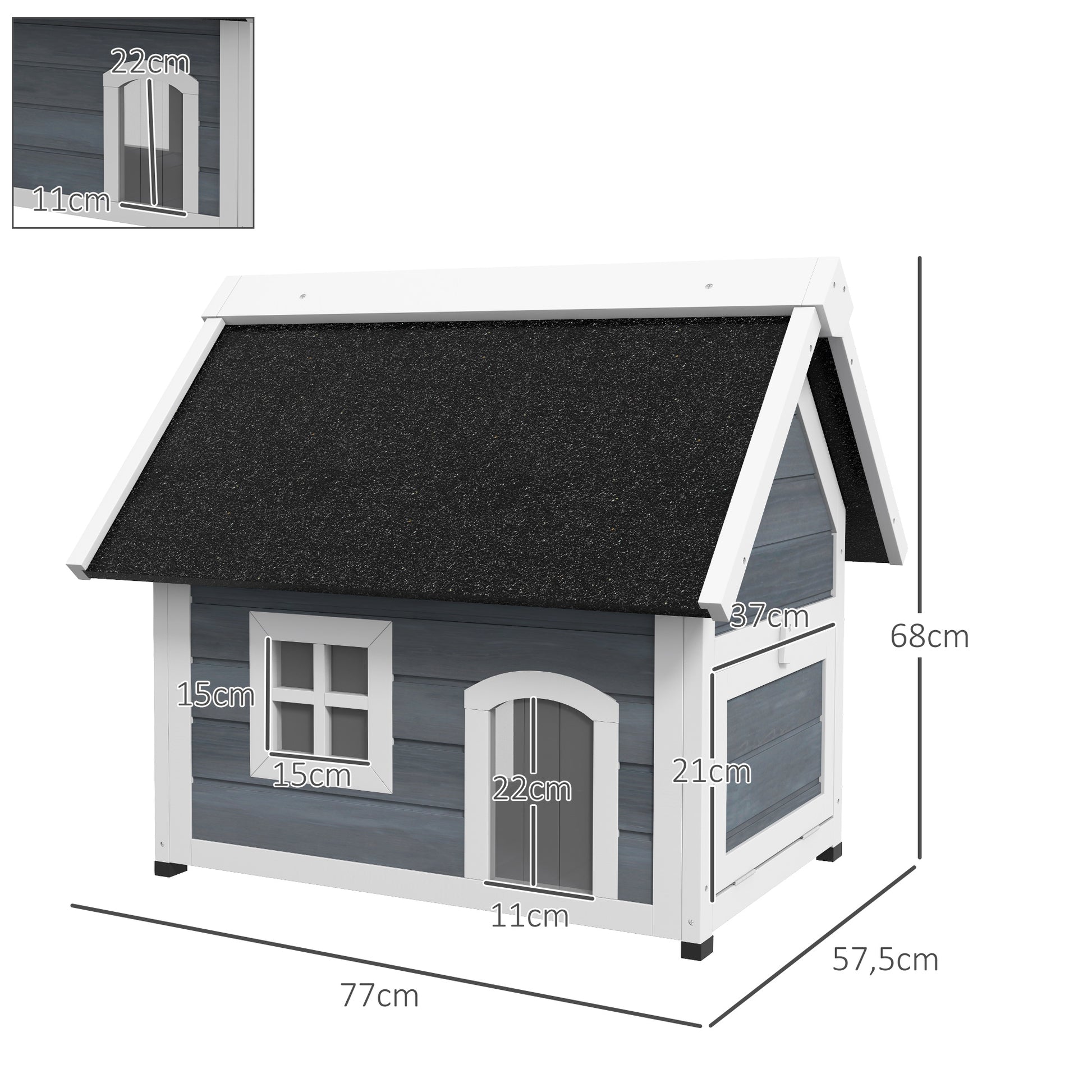 Outdoor Cat House Cat Cave made of wood, with foldable asphalt roof, Weatherproof Cat Cottage with window, 3 doors, 77 x 57.5 x 68 cm, Gray