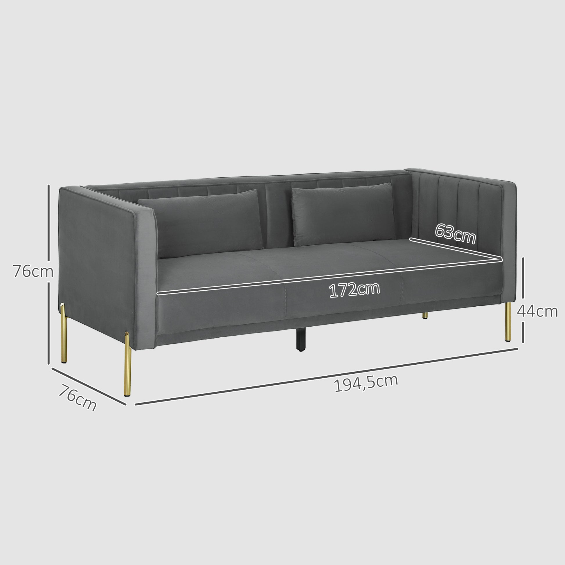3-Seater Velvet Sofa 194.5 cm with 2 Removable Cushions, S Springs and Elastic Straps, Living Room, Bedroom and Home Office Sofa, Dark Gray