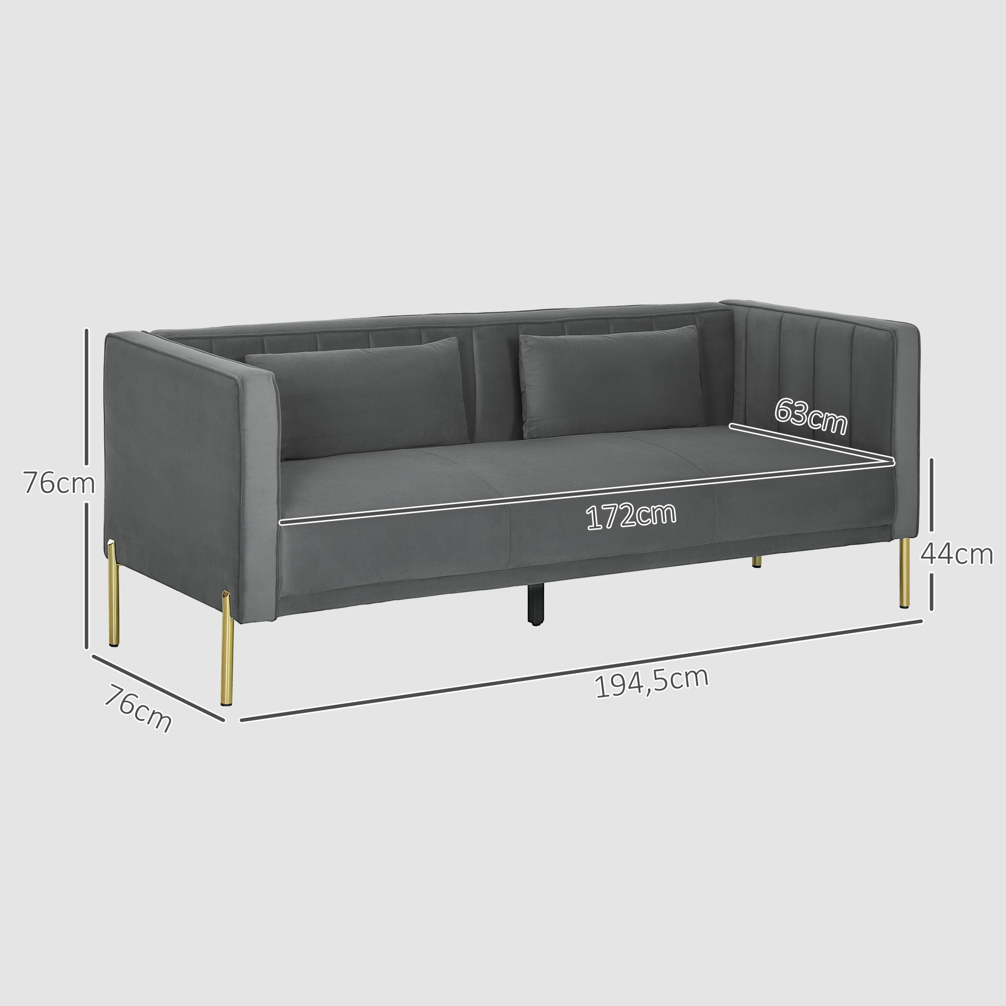 3-Seater Velvet Sofa 194.5 cm with 2 Removable Cushions, S Springs and Elastic Straps, Living Room, Bedroom and Home Office Sofa, Dark Gray