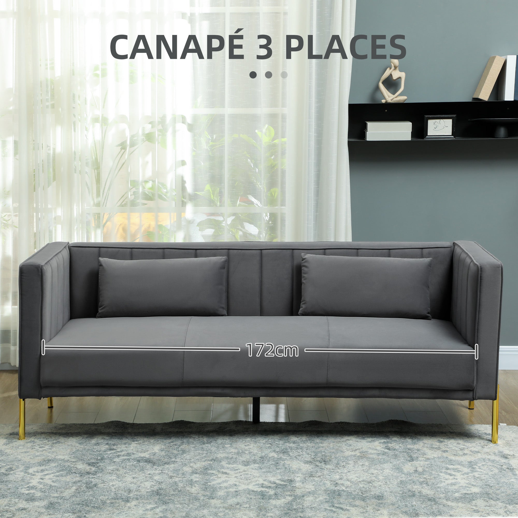 3-Seater Velvet Sofa 194.5 cm with 2 Removable Cushions, S Springs and Elastic Straps, Living Room, Bedroom and Home Office Sofa, Dark Gray