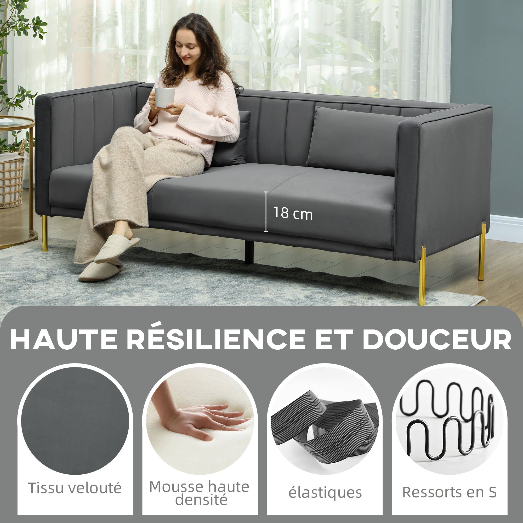 3-Seater Velvet Sofa 194.5 cm with 2 Removable Cushions, S Springs and Elastic Straps, Living Room, Bedroom and Home Office Sofa, Dark Gray