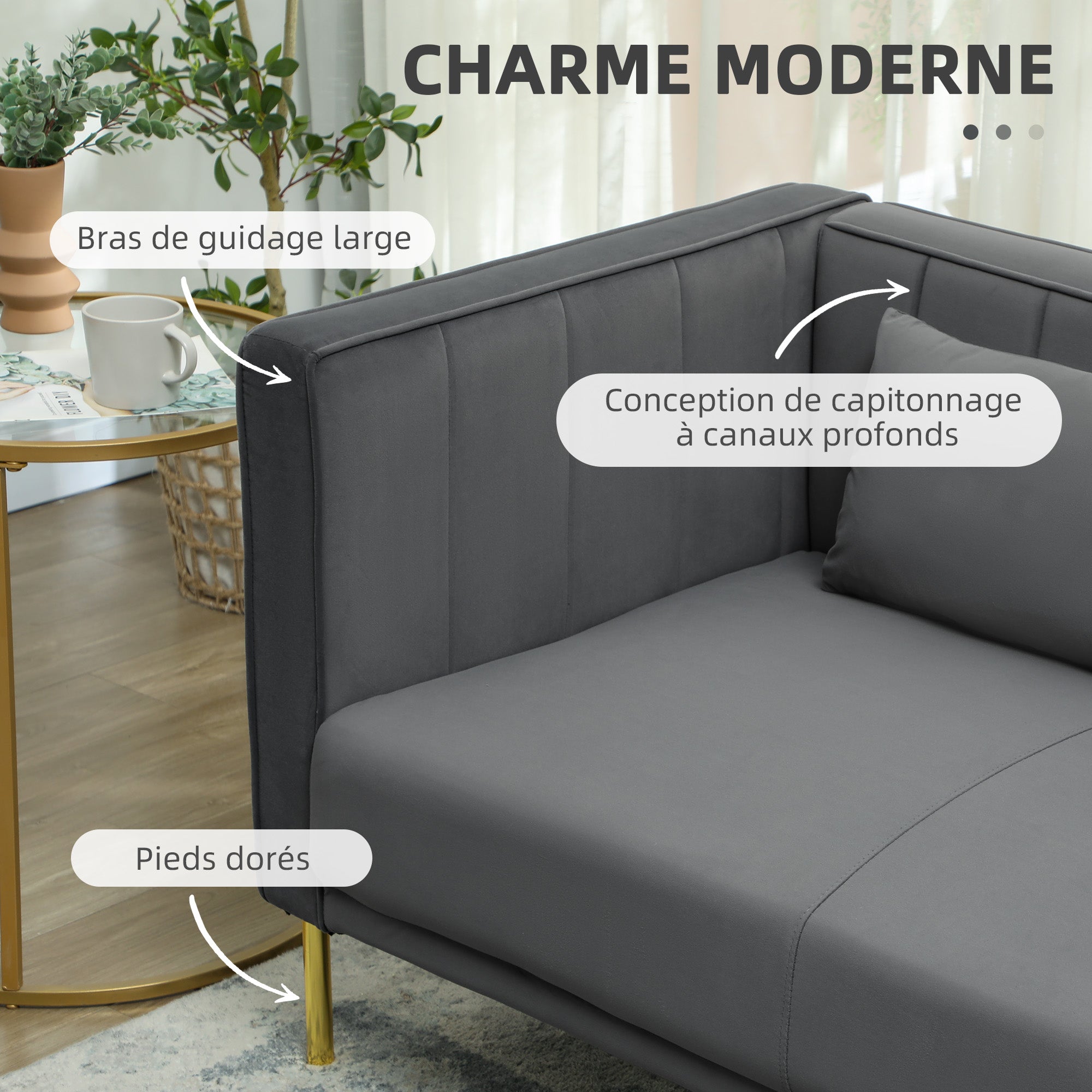 3-Seater Velvet Sofa 194.5 cm with 2 Removable Cushions, S Springs and Elastic Straps, Living Room, Bedroom and Home Office Sofa, Dark Gray