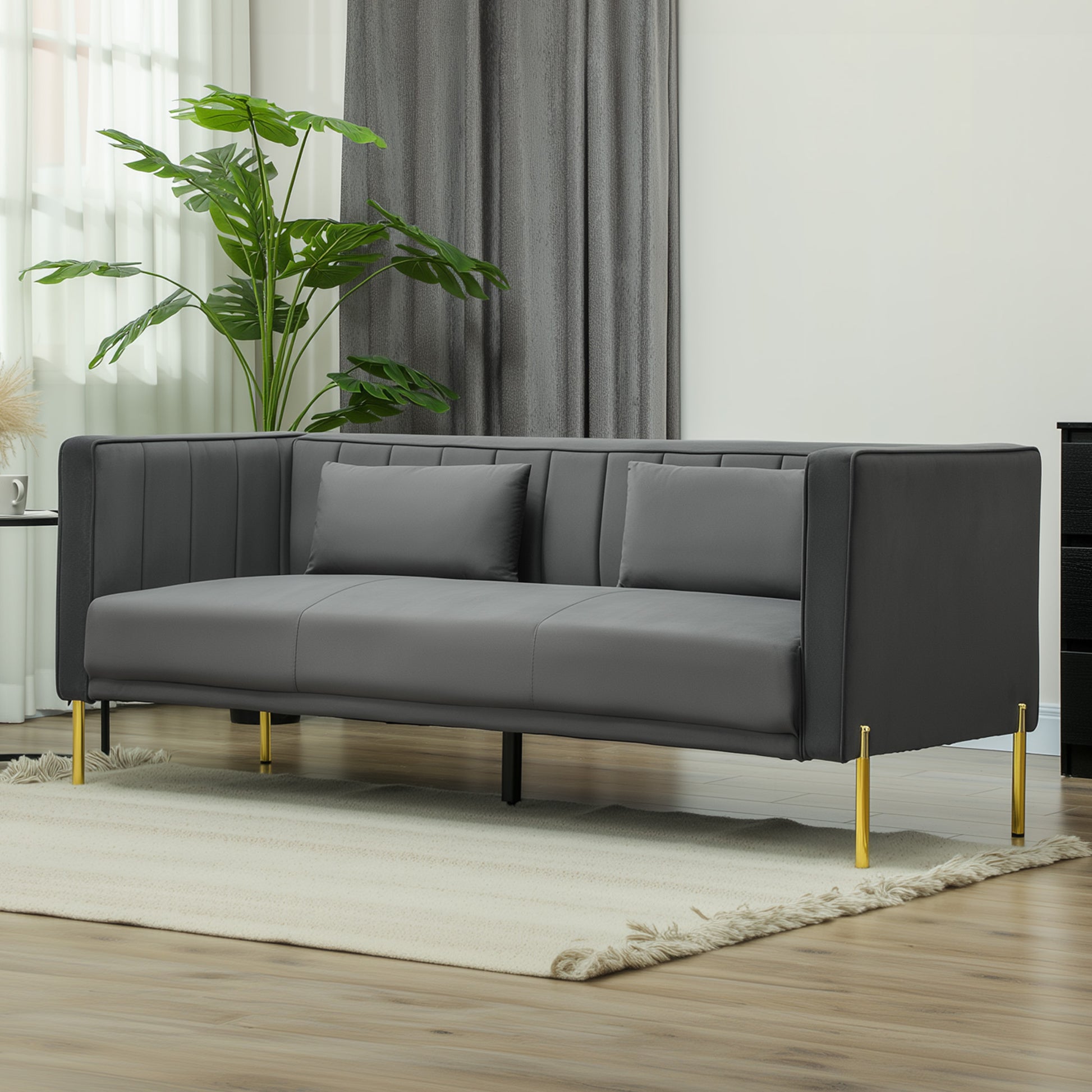 3-Seater Velvet Sofa 194.5 cm with 2 Removable Cushions, S Springs and Elastic Straps, Living Room, Bedroom and Home Office Sofa, Dark Gray