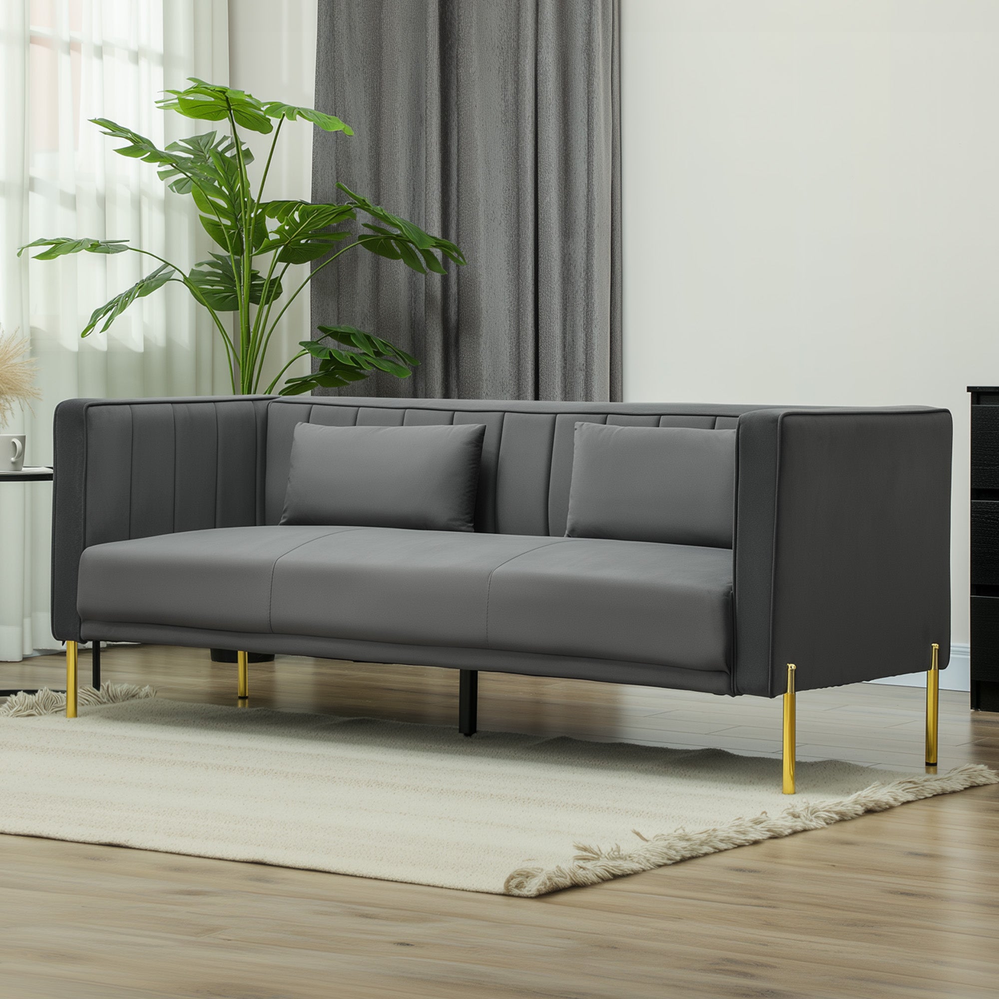 3-Seater Velvet Sofa 194.5 cm with 2 Removable Cushions, S Springs and Elastic Straps, Living Room, Bedroom and Home Office Sofa, Dark Gray