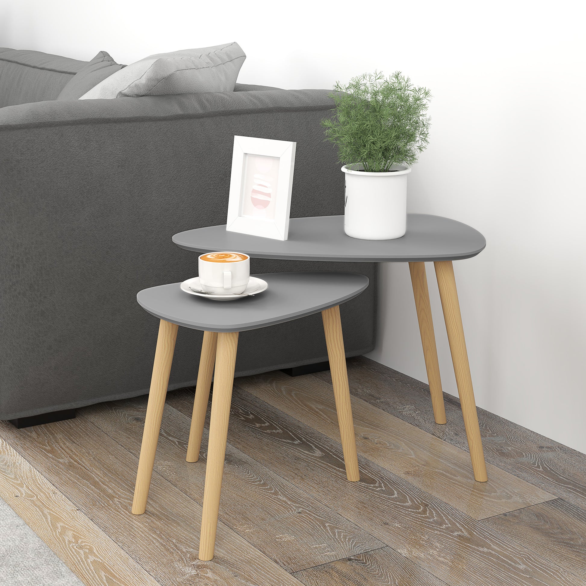 Set of 2 Nesting Side Tables with Wooden Legs Coffee Tables for Living Room Bedroom Office 59.5x39.5x45 cm and 44.5x28.5x40 cm Gray and Natural