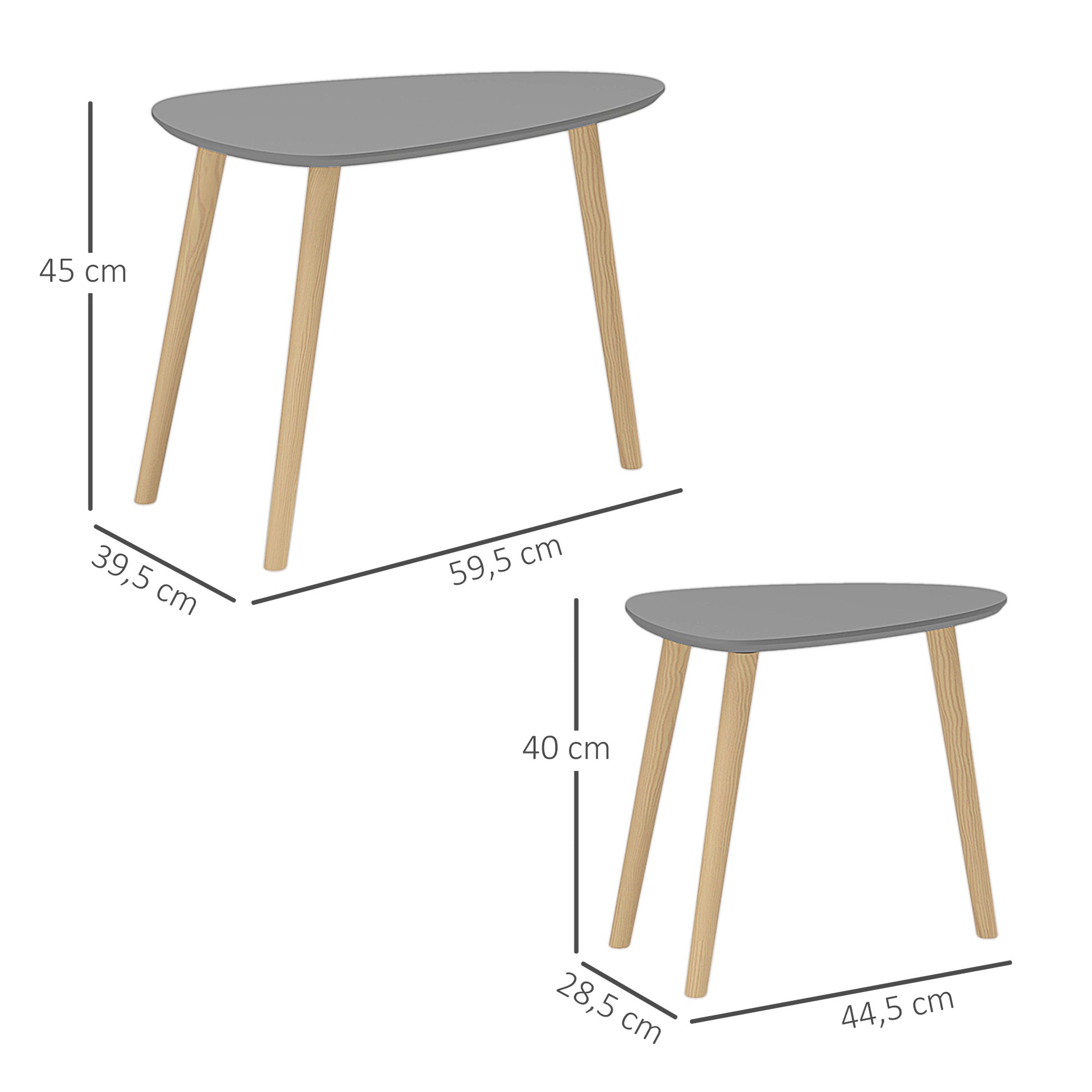 Set of 2 Nesting Side Tables with Wooden Legs Coffee Tables for Living Room Bedroom Office 59.5x39.5x45 cm and 44.5x28.5x40 cm Gray and Natural