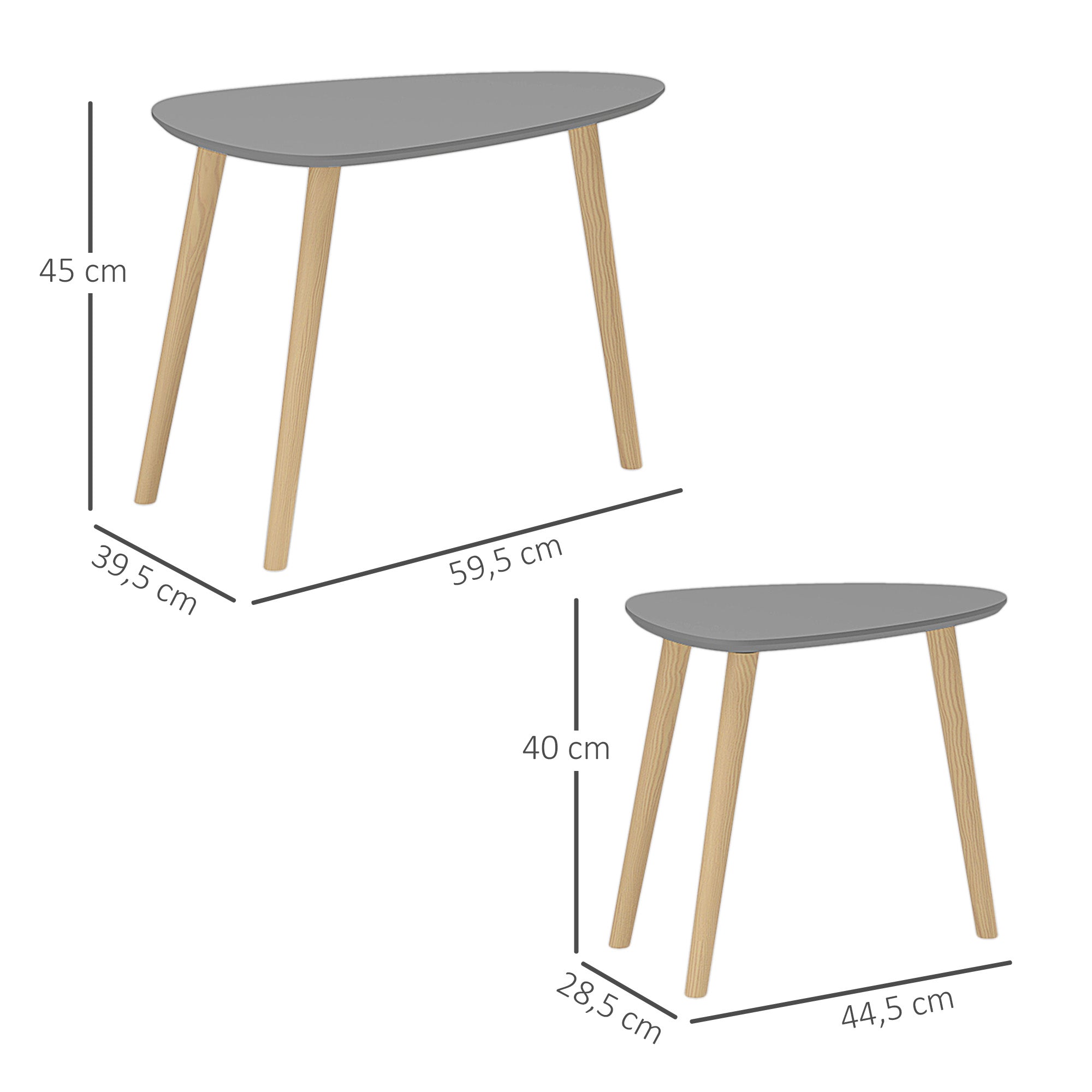 Set of 2 Nesting Side Tables with Wooden Legs Coffee Tables for Living Room Bedroom Office 59.5x39.5x45 cm and 44.5x28.5x40 cm Gray and Natural