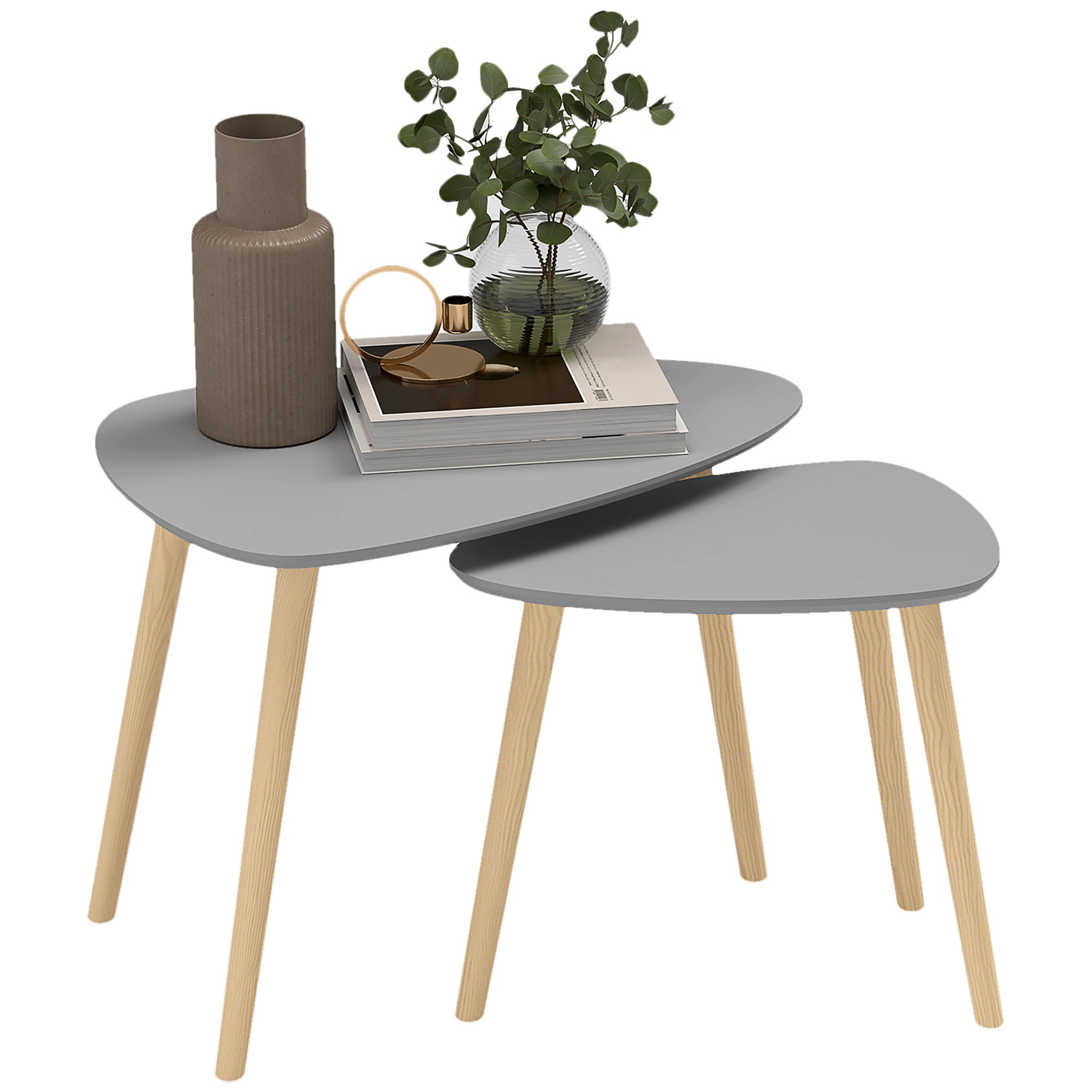 Set of 2 Nesting Side Tables with Wooden Legs Coffee Tables for Living Room Bedroom Office 59.5x39.5x45 cm and 44.5x28.5x40 cm Gray and Natural