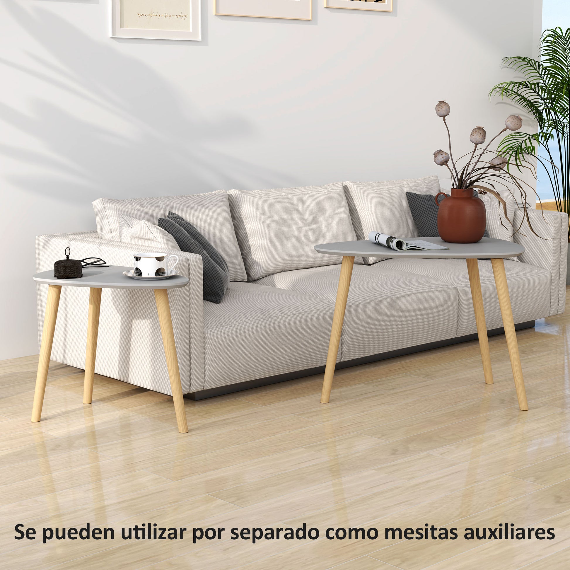 Set of 2 Nesting Side Tables with Wooden Legs Coffee Tables for Living Room Bedroom Office 59.5x39.5x45 cm and 44.5x28.5x40 cm Gray and Natural