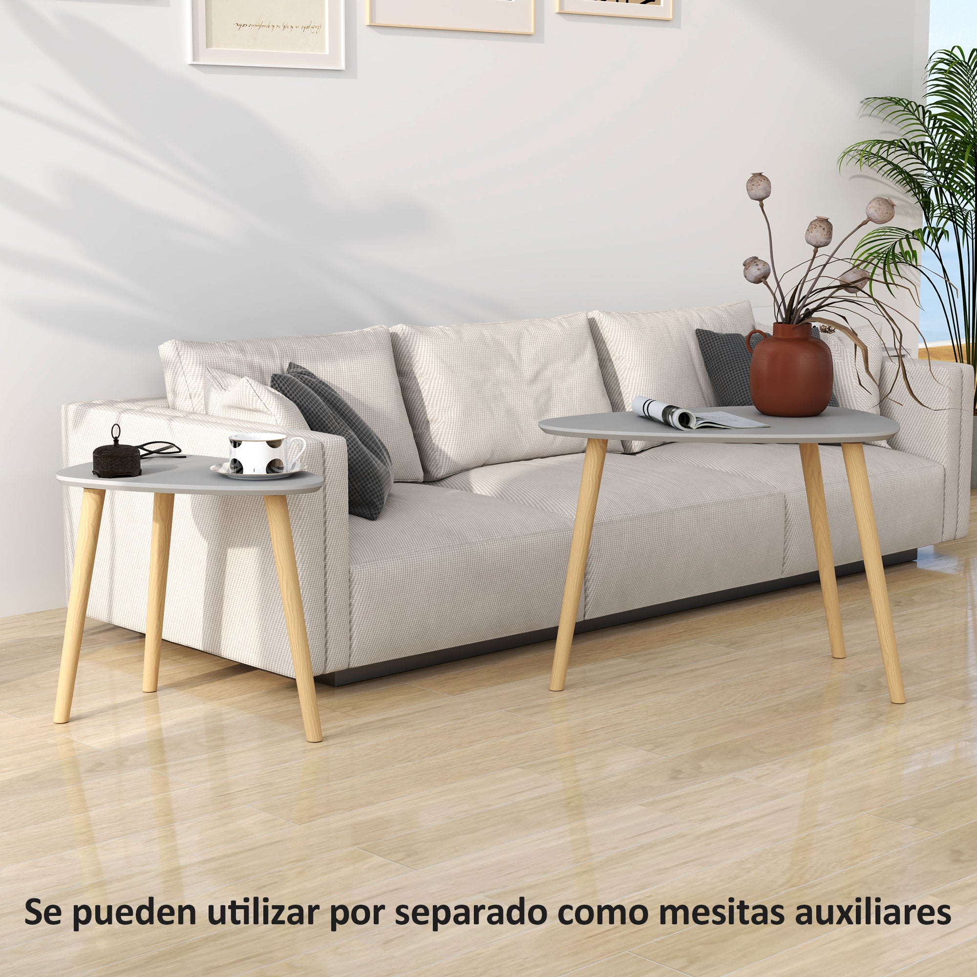 Set of 2 Nesting Side Tables with Wooden Legs Coffee Tables for Living Room Bedroom Office 59.5x39.5x45 cm and 44.5x28.5x40 cm Gray and Natural