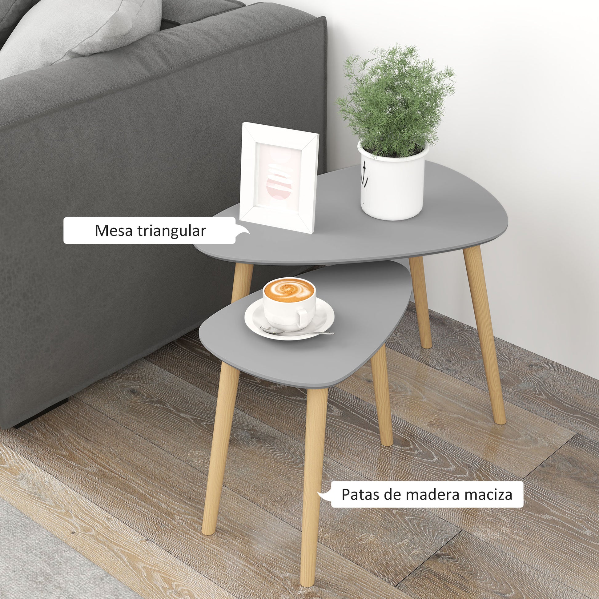 Set of 2 Nesting Side Tables with Wooden Legs Coffee Tables for Living Room Bedroom Office 59.5x39.5x45 cm and 44.5x28.5x40 cm Gray and Natural