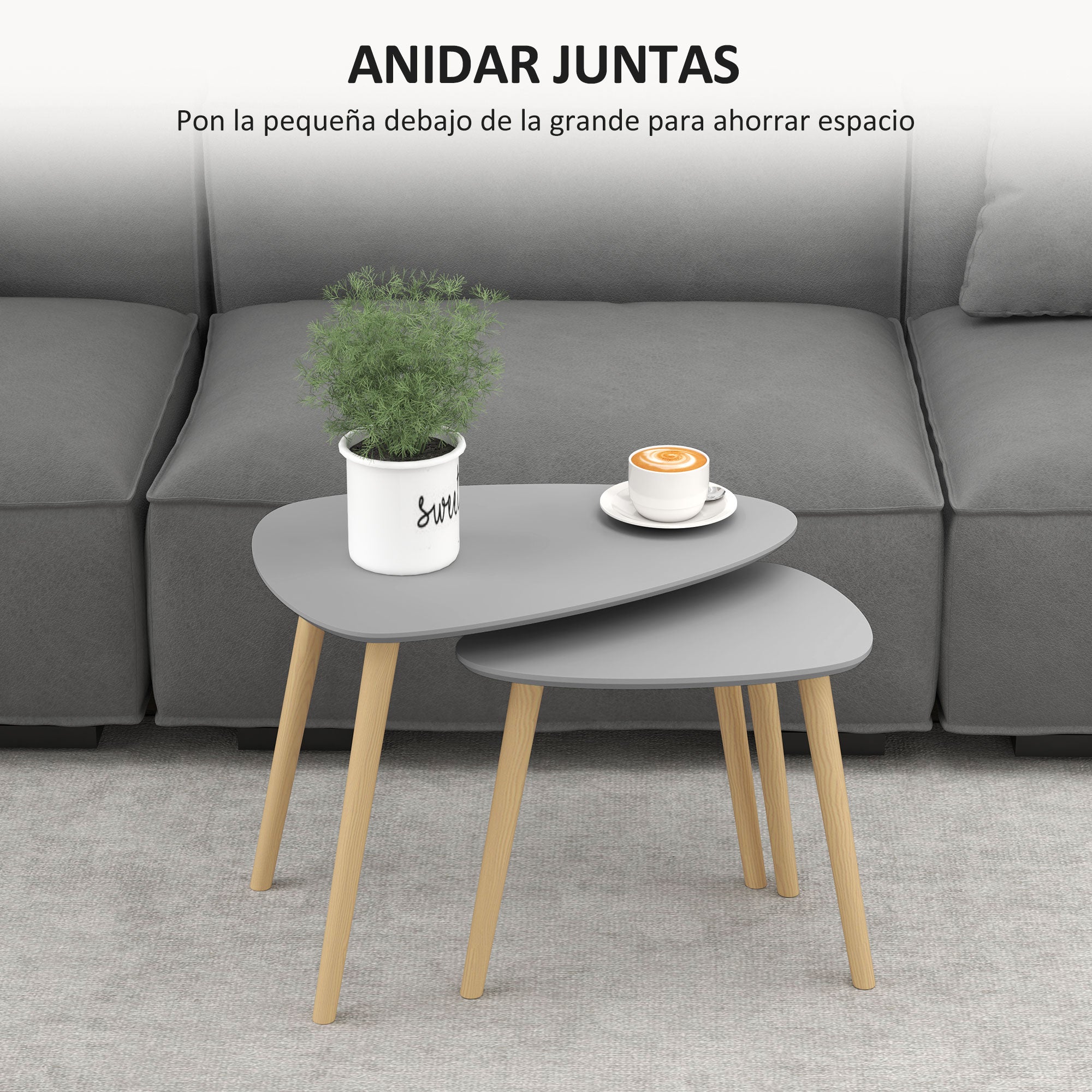 Set of 2 Nesting Side Tables with Wooden Legs Coffee Tables for Living Room Bedroom Office 59.5x39.5x45 cm and 44.5x28.5x40 cm Gray and Natural