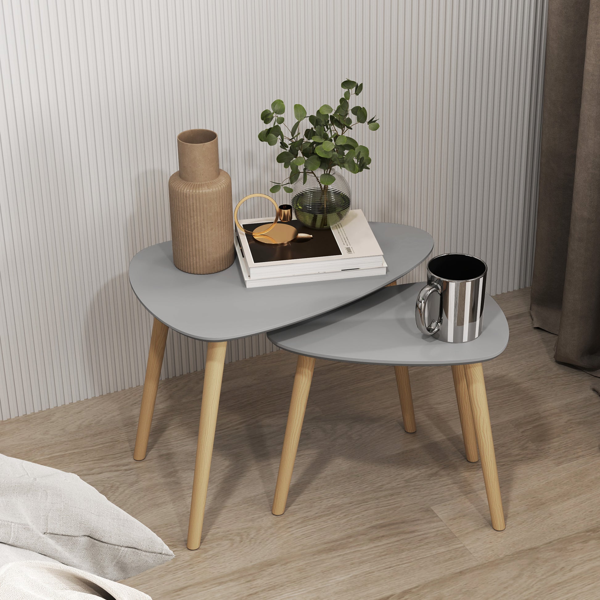 Set of 2 Nesting Side Tables with Wooden Legs Coffee Tables for Living Room Bedroom Office 59.5x39.5x45 cm and 44.5x28.5x40 cm Gray and Natural