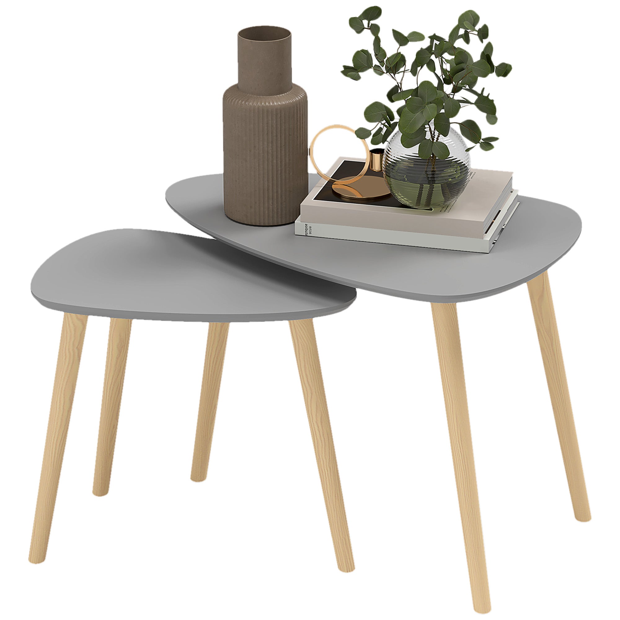 Set of 2 Nesting Side Tables with Wooden Legs Coffee Tables for Living Room Bedroom Office 59.5x39.5x45 cm and 44.5x28.5x40 cm Gray and Natural