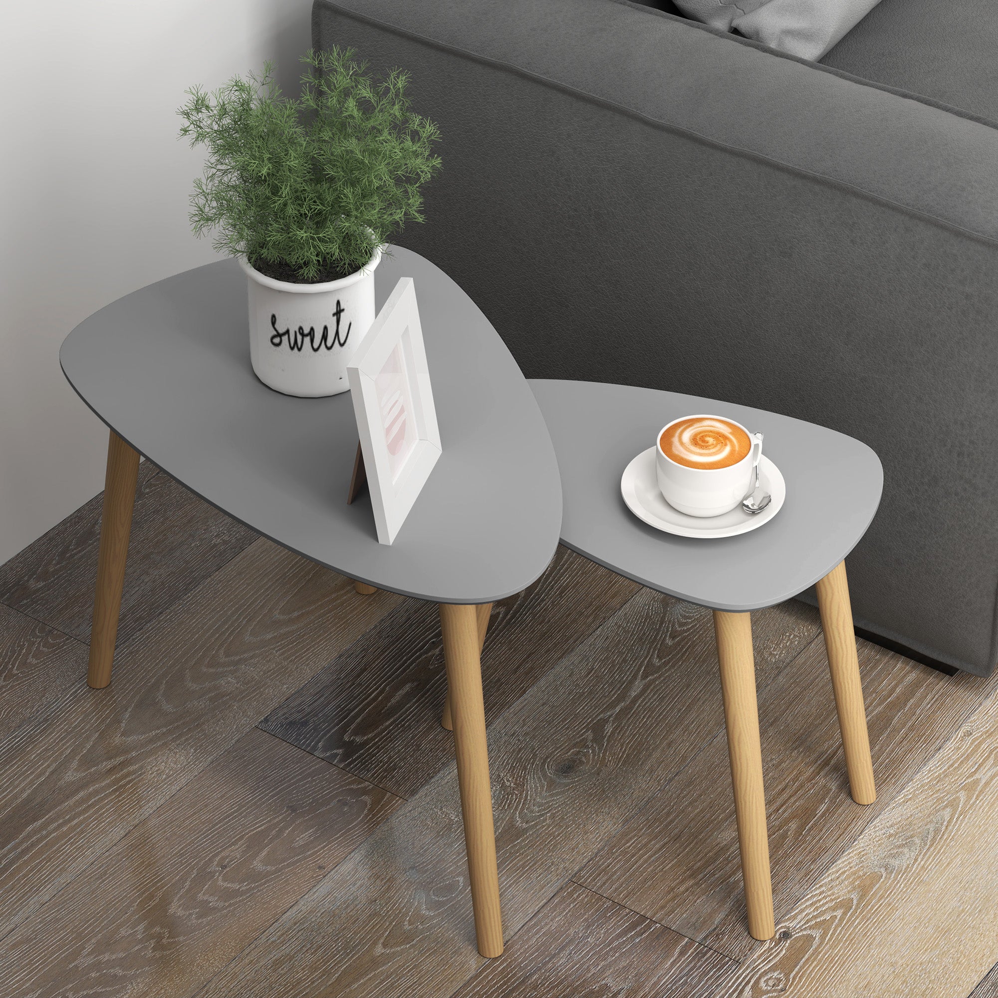 Set of 2 Nesting Side Tables with Wooden Legs Coffee Tables for Living Room Bedroom Office 59.5x39.5x45 cm and 44.5x28.5x40 cm Gray and Natural