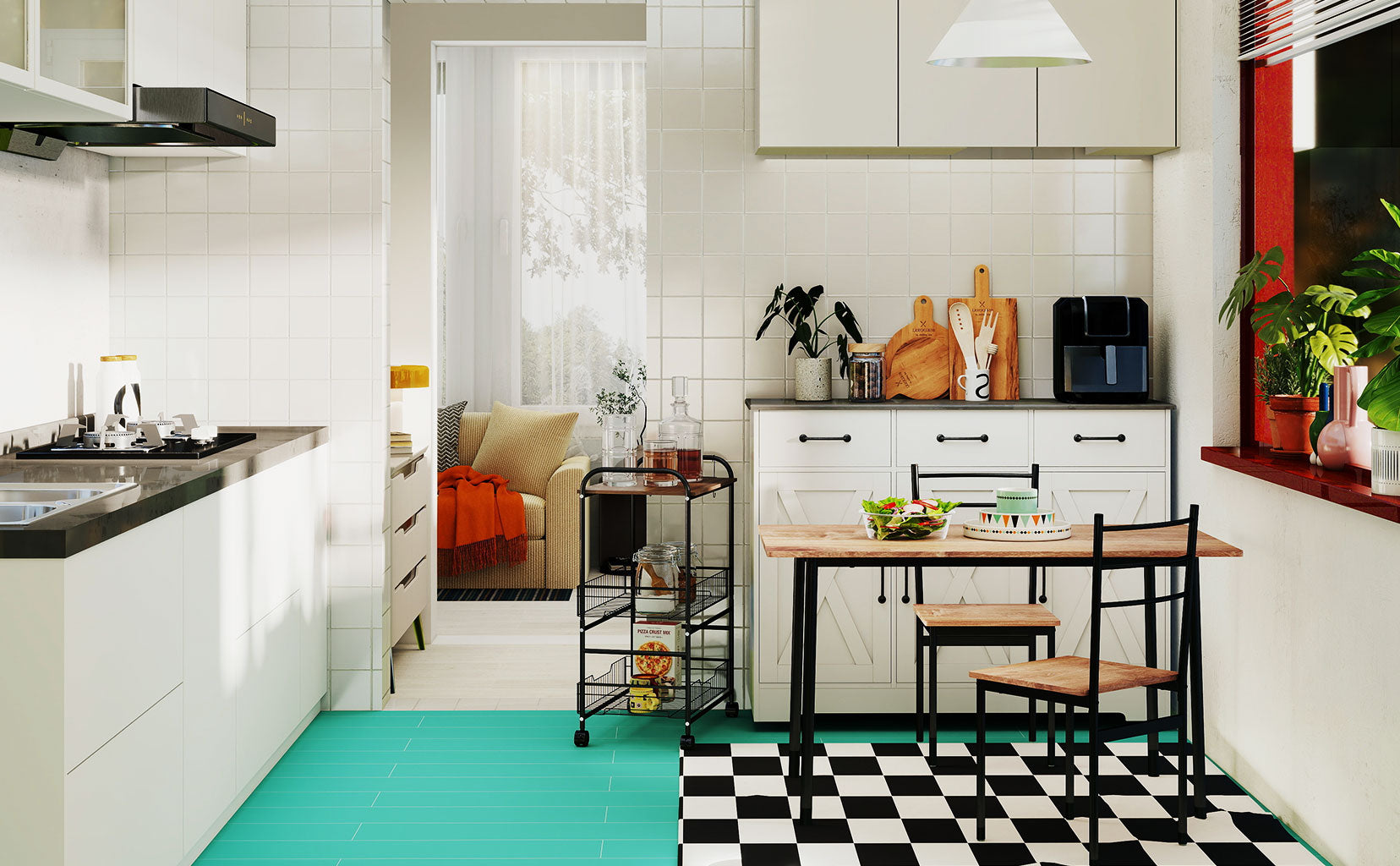 Modern kitchen with white cabinets, black and white checkered floor, and a small dining area.