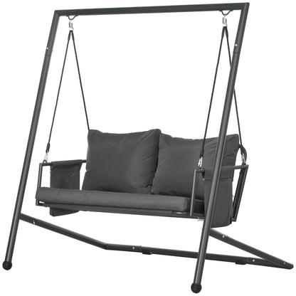 2-Seater Garden Swing with Cushions and Storage Pockets, Outdoor Swing in Steel and Textilene, 168x117x181 cm, Dark Grey