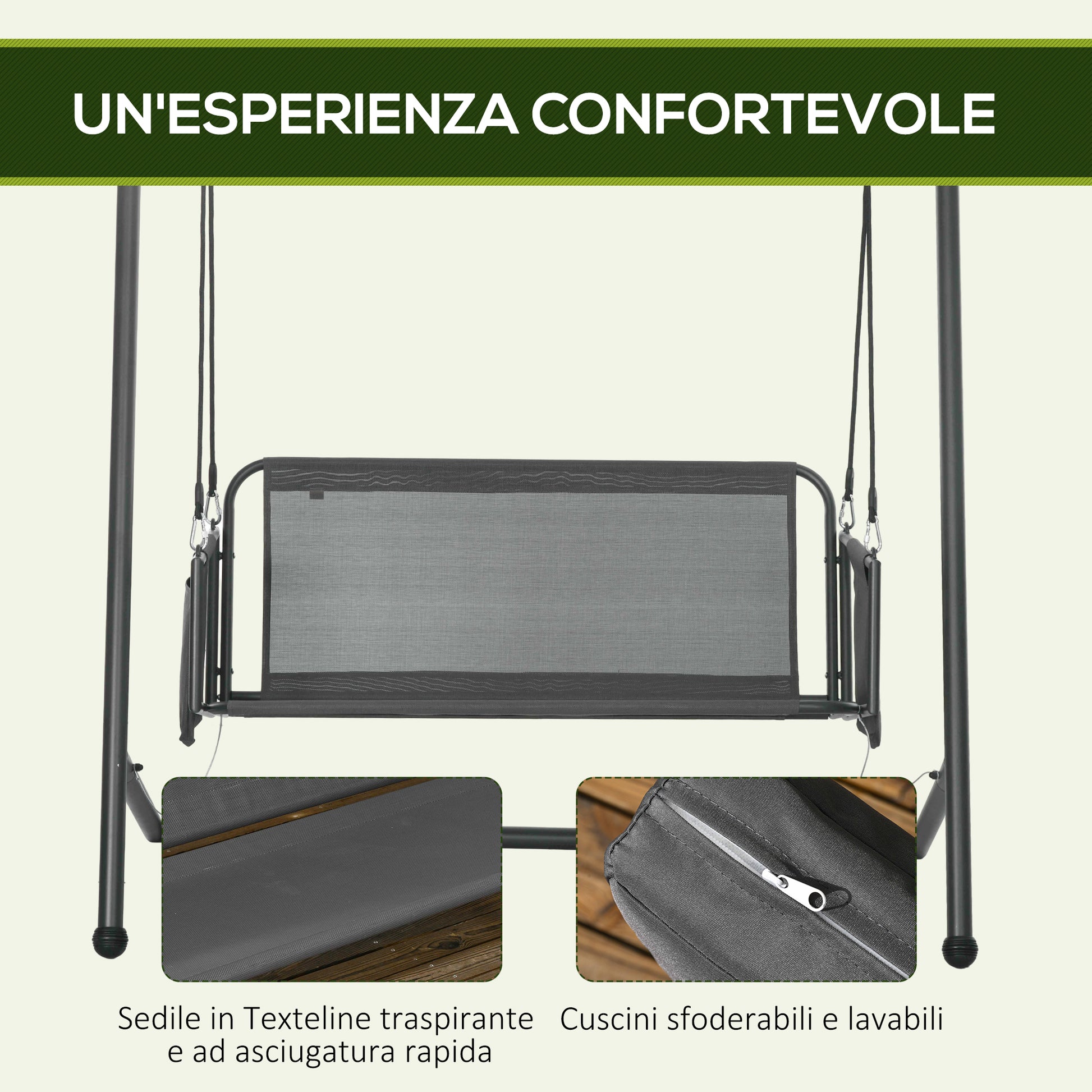 2-Seater Garden Swing with Cushions and Storage Pockets, Outdoor Swing in Steel and Textilene, 168x117x181 cm, Dark Grey