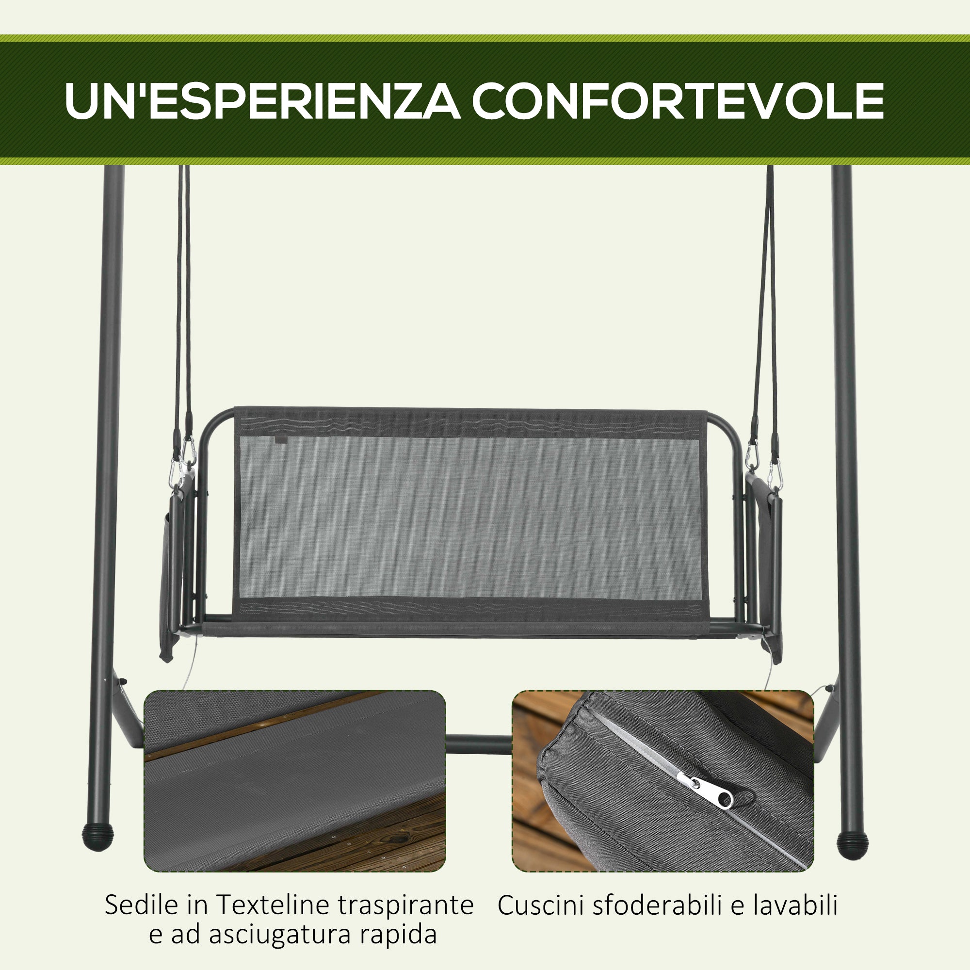 2-Seater Garden Swing with Cushions and Storage Pockets, Outdoor Swing in Steel and Textilene, 168x117x181 cm, Dark Grey