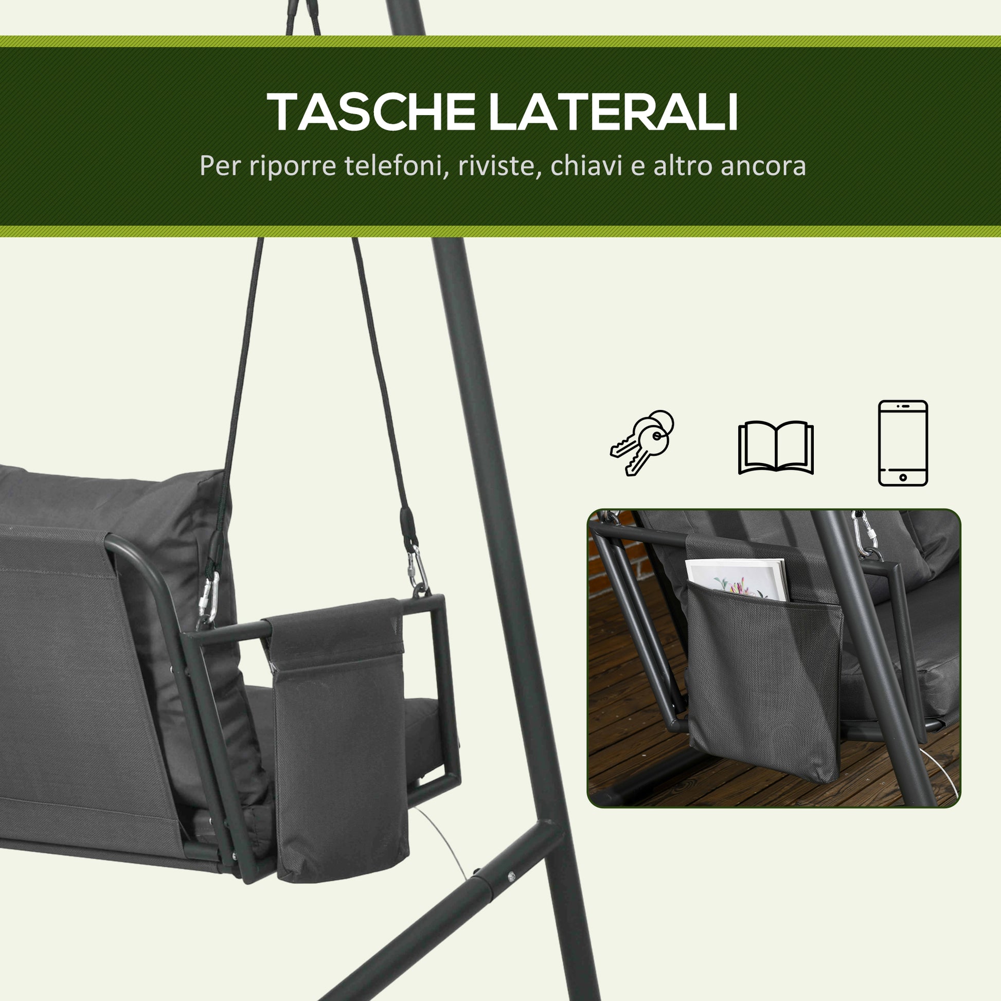 2-Seater Garden Swing with Cushions and Storage Pockets, Outdoor Swing in Steel and Textilene, 168x117x181 cm, Dark Grey