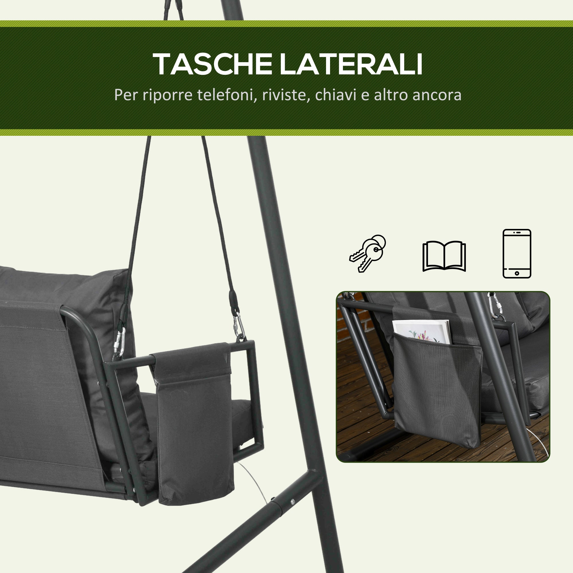 2-Seater Garden Swing with Cushions and Storage Pockets, Outdoor Swing in Steel and Textilene, 168x117x181 cm, Dark Grey