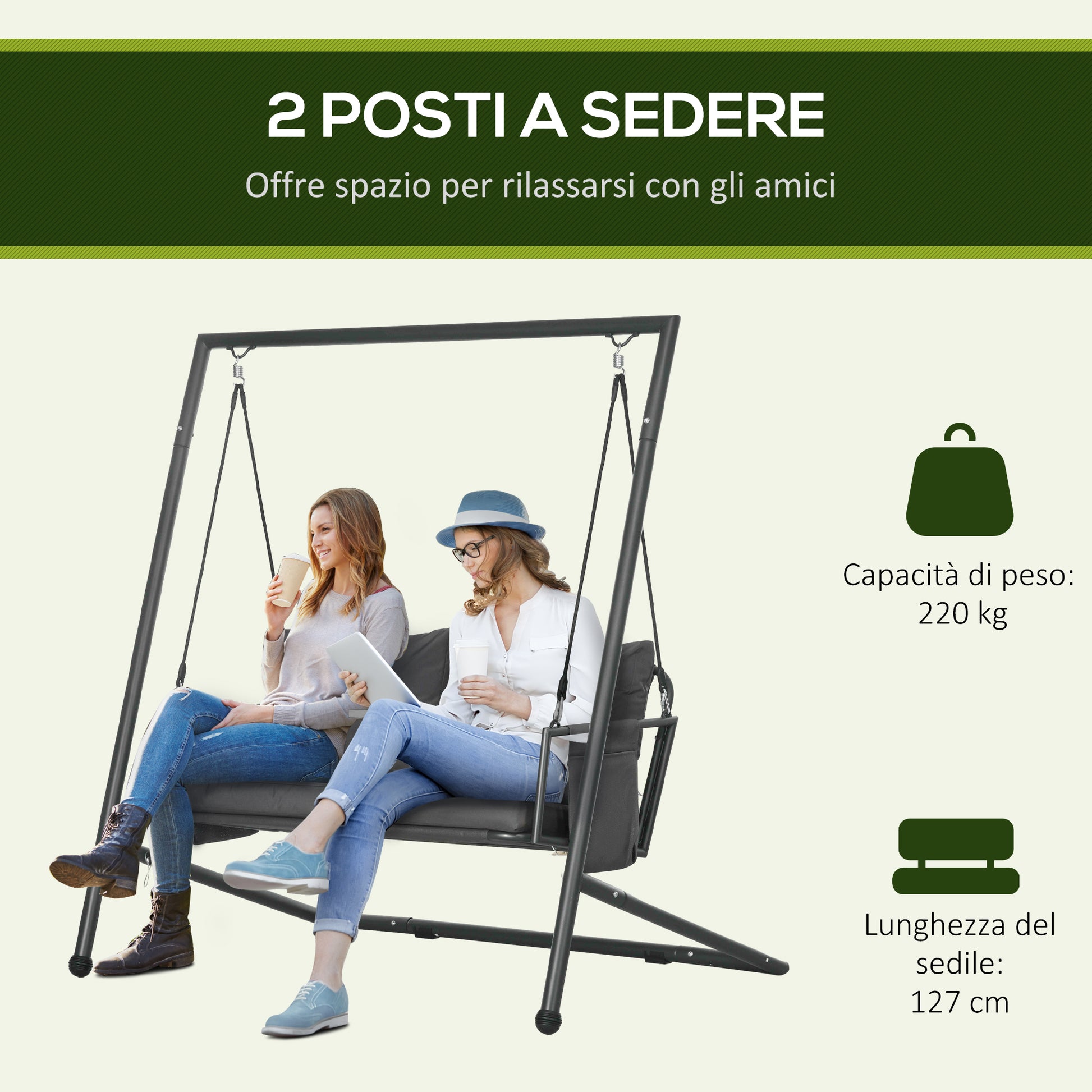2-Seater Garden Swing with Cushions and Storage Pockets, Outdoor Swing in Steel and Textilene, 168x117x181 cm, Dark Grey