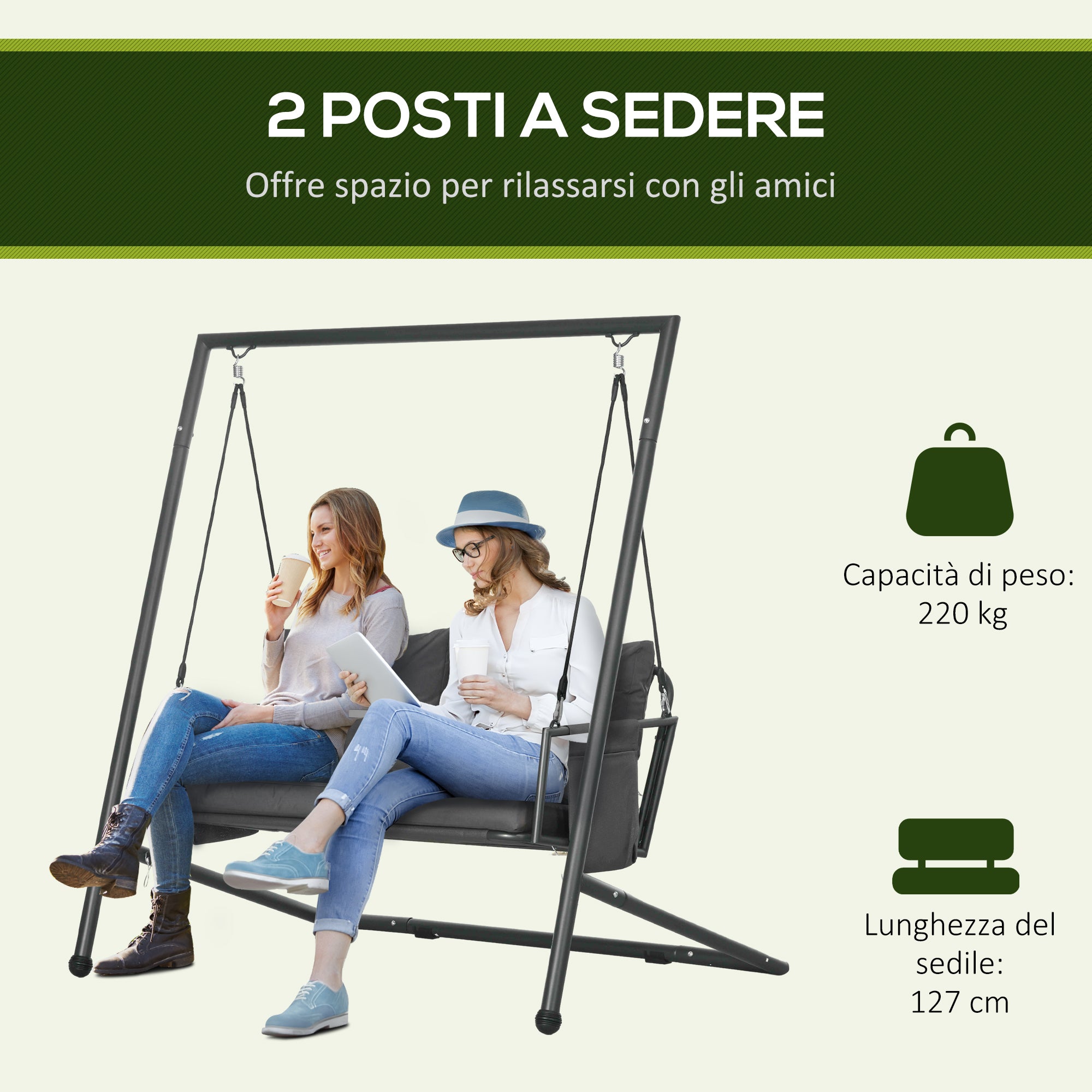 2-Seater Garden Swing with Cushions and Storage Pockets, Outdoor Swing in Steel and Textilene, 168x117x181 cm, Dark Grey