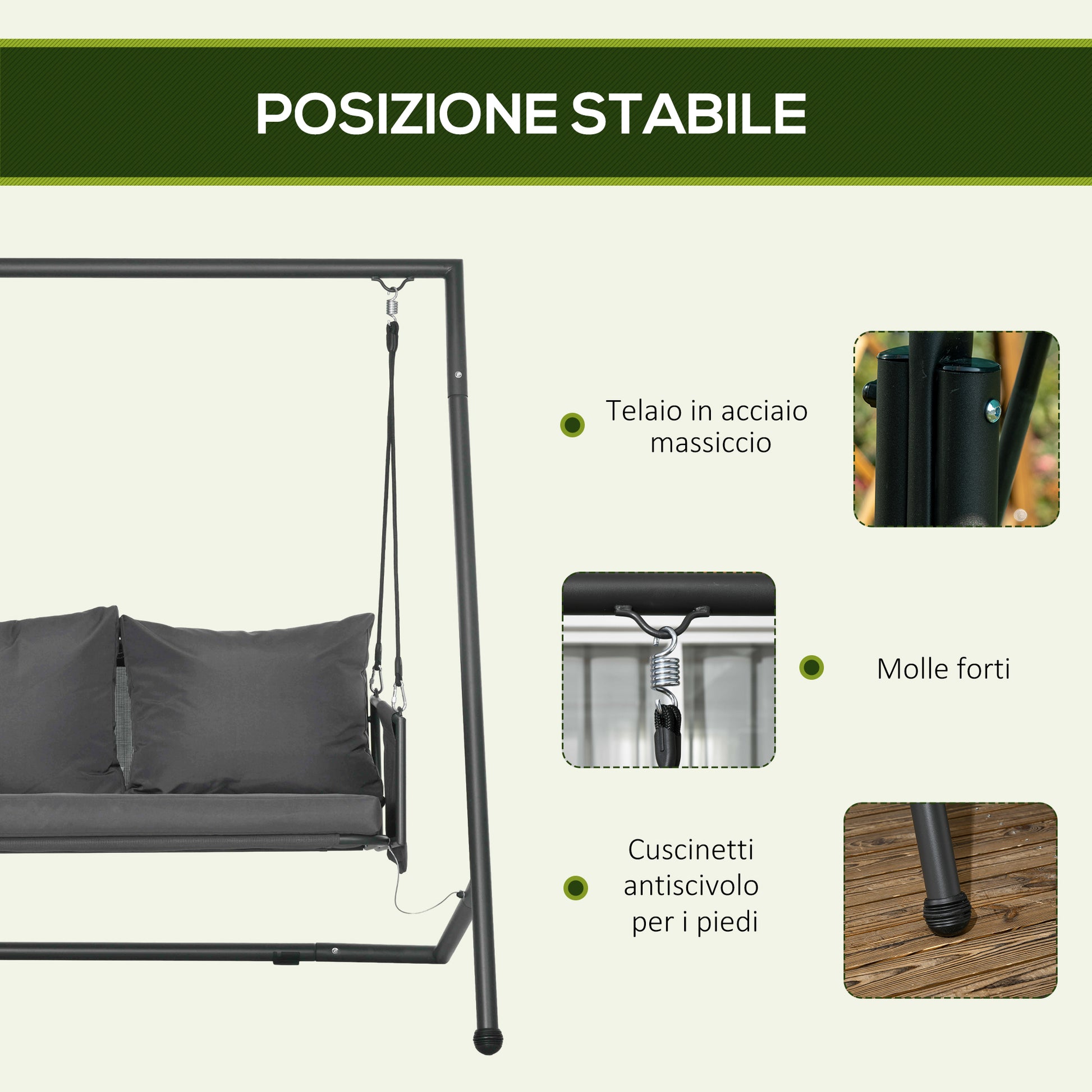 2-Seater Garden Swing with Cushions and Storage Pockets, Outdoor Swing in Steel and Textilene, 168x117x181 cm, Dark Grey