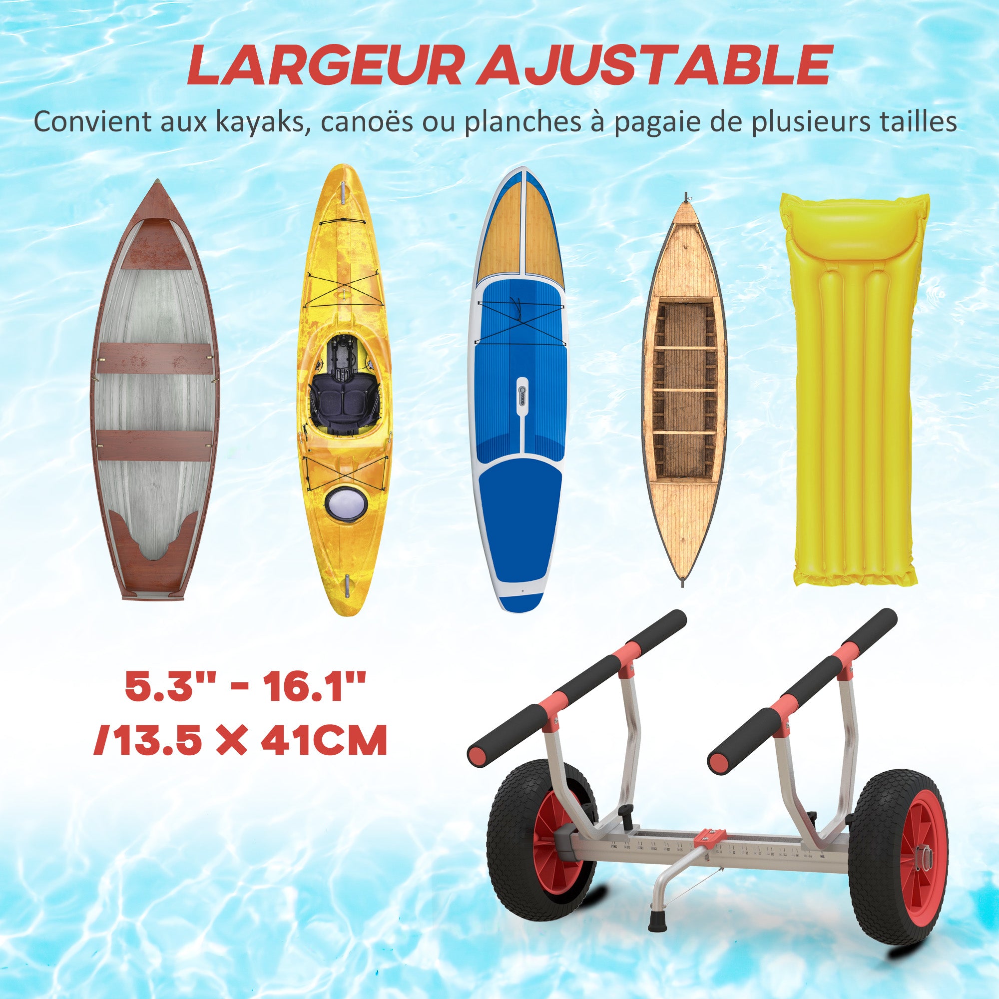 SPORTNOW Kayak, Stand-Up Paddle, Canoe Transport Cart with Adjustable Width, Large Wheels, and Aluminum Frame - 2 Straps Included in Black Red