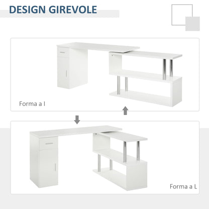 Modern Corner Desk in Wood with Drawer, Cabinet, and Shelves, Ideal for Office and Home Decor, White