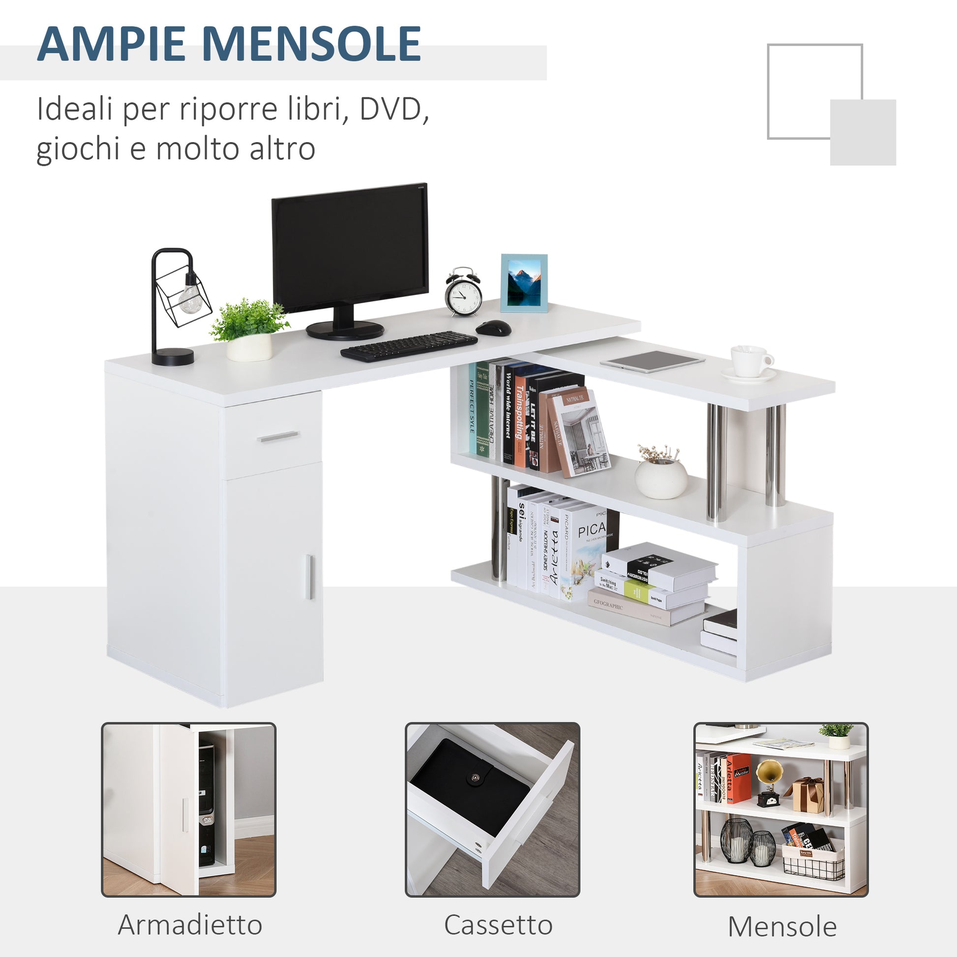 Modern Corner Desk in Wood with Drawer, Cabinet, and Shelves, Ideal for Office and Home Decor, White