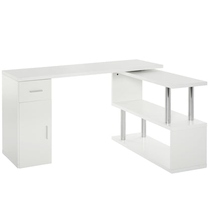 Modern Corner Desk in Wood with Drawer, Cabinet, and Shelves, Ideal for Office and Home Decor, White