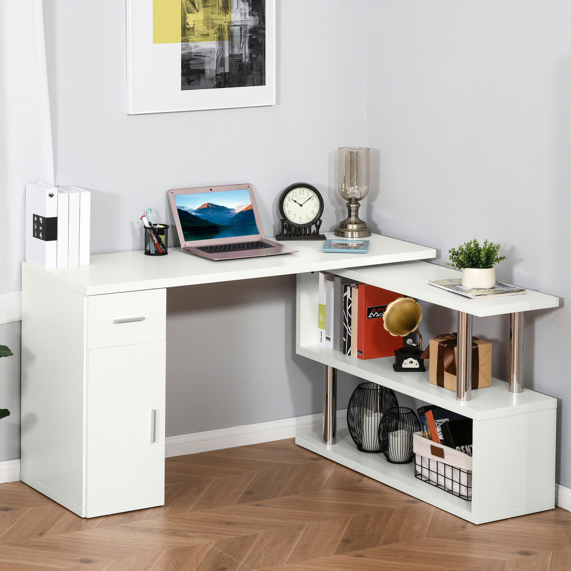 Modern Corner Desk in Wood with Drawer, Cabinet, and Shelves, Ideal for Office and Home Decor, White