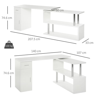 Modern Corner Desk in Wood with Drawer, Cabinet, and Shelves, Ideal for Office and Home Decor, White