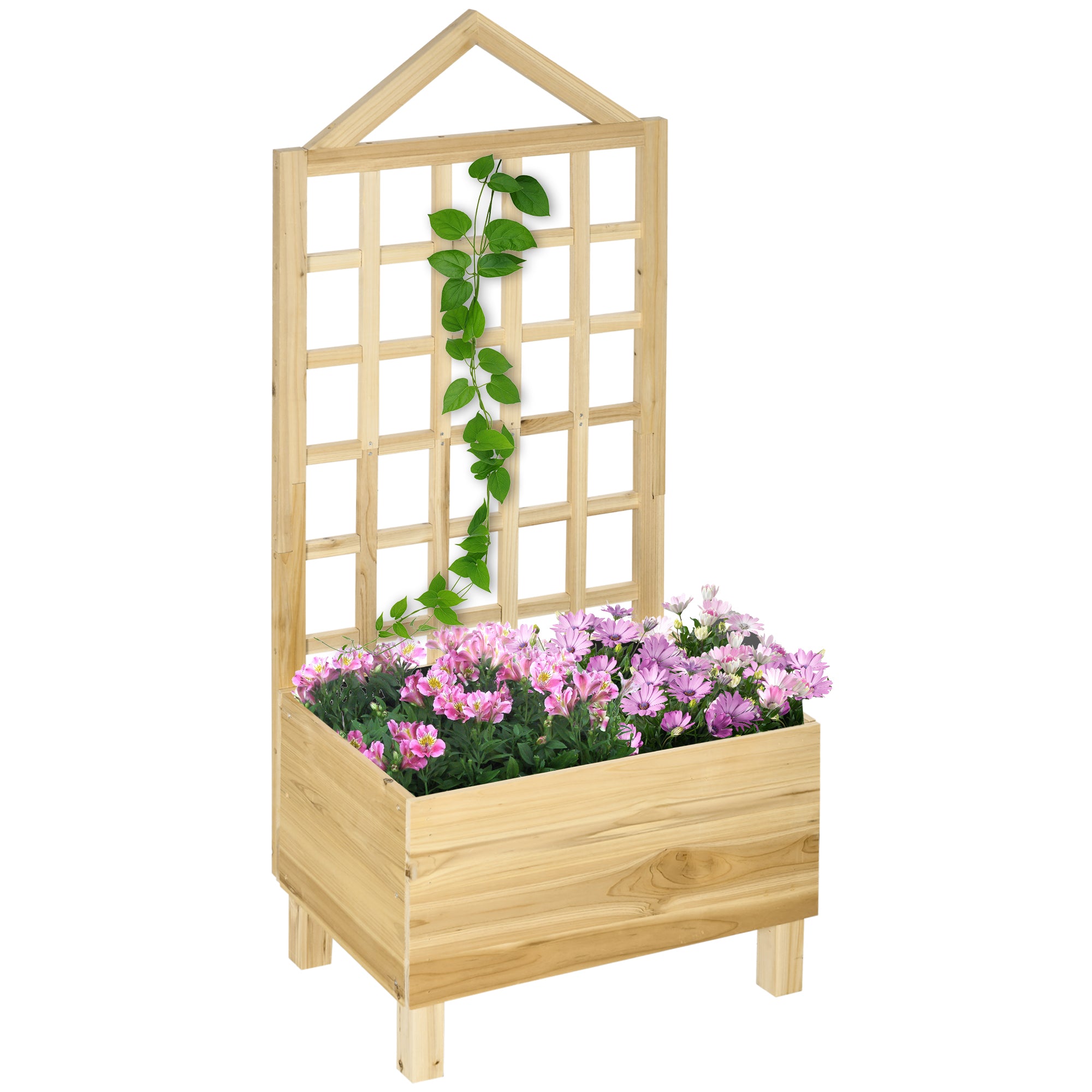 Wooden Planter with Trellis Garden Planter with Lattice Flower Bed with Non-Woven Fabric and 2 Drainage Holes for Growing Vegetables Flowers Outdoors 60x43x147 cm Natural
