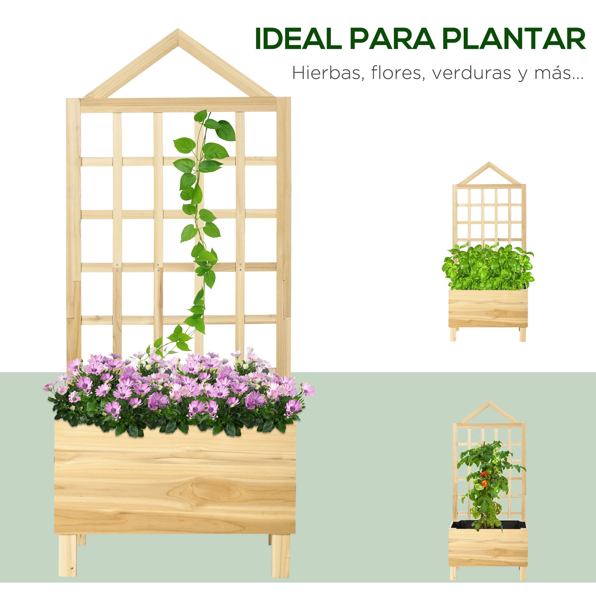 Wooden Planter with Trellis Garden Planter with Lattice Flower Bed with Non-Woven Fabric and 2 Drainage Holes for Growing Vegetables Flowers Outdoors 60x43x147 cm Natural