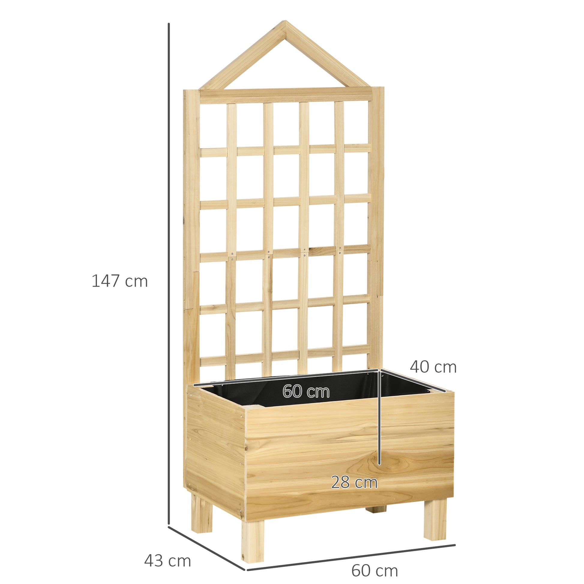 Wooden Planter with Trellis Garden Planter with Lattice Flower Bed with Non-Woven Fabric and 2 Drainage Holes for Growing Vegetables Flowers Outdoors 60x43x147 cm Natural