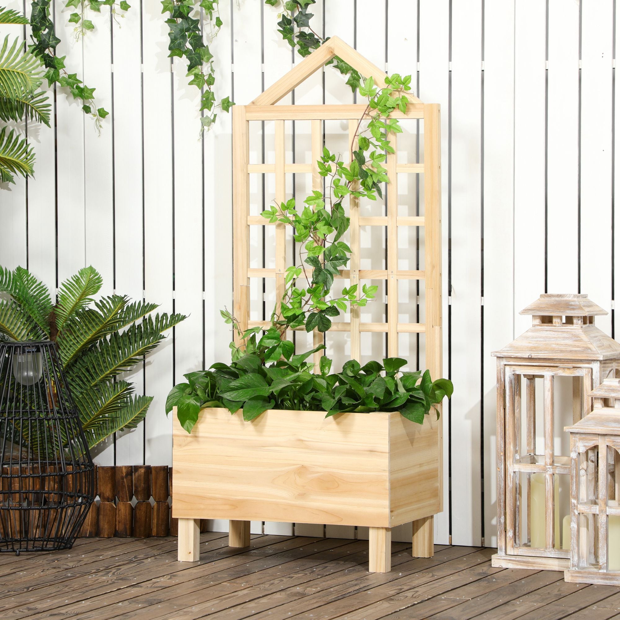 Wooden Planter with Trellis Garden Planter with Lattice Flower Bed with Non-Woven Fabric and 2 Drainage Holes for Growing Vegetables Flowers Outdoors 60x43x147 cm Natural
