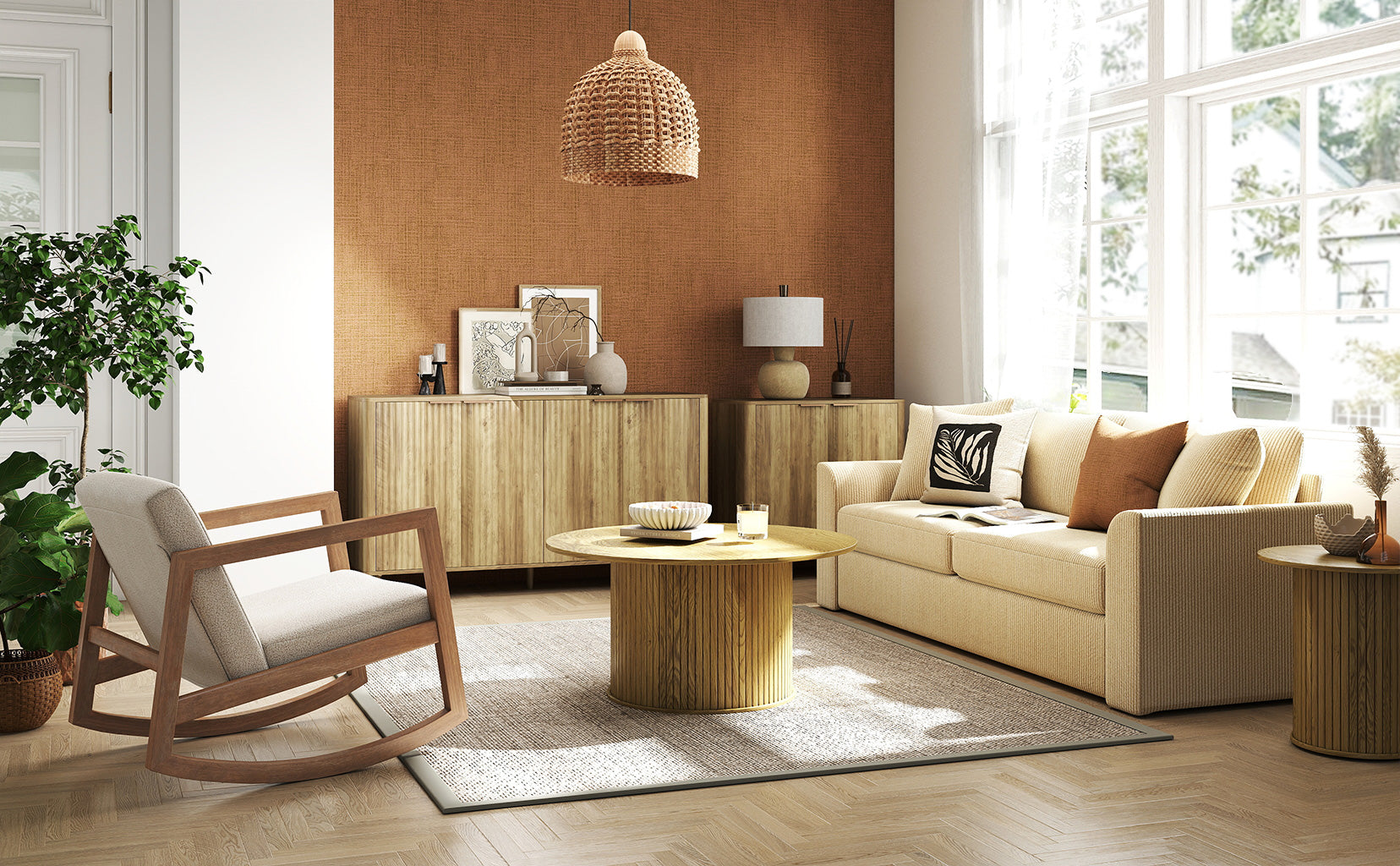 Modern living room with beige sofa, armchair, and wooden coffee table.