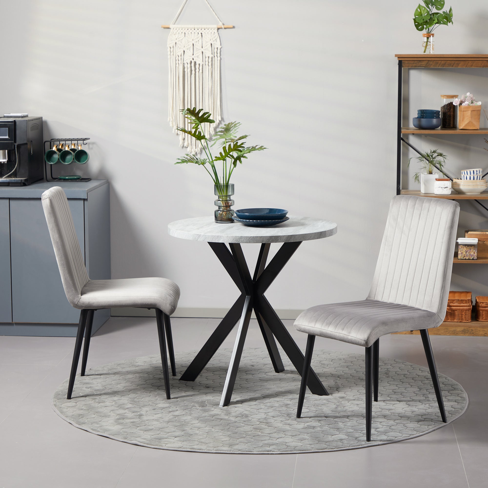 2 pcs Upholstered Velvet Effect Fabric Dining Chairs, Kitchen Chairs with Steel Legs and Space-Saving Design, 43x58x90 cm, Gray and Black