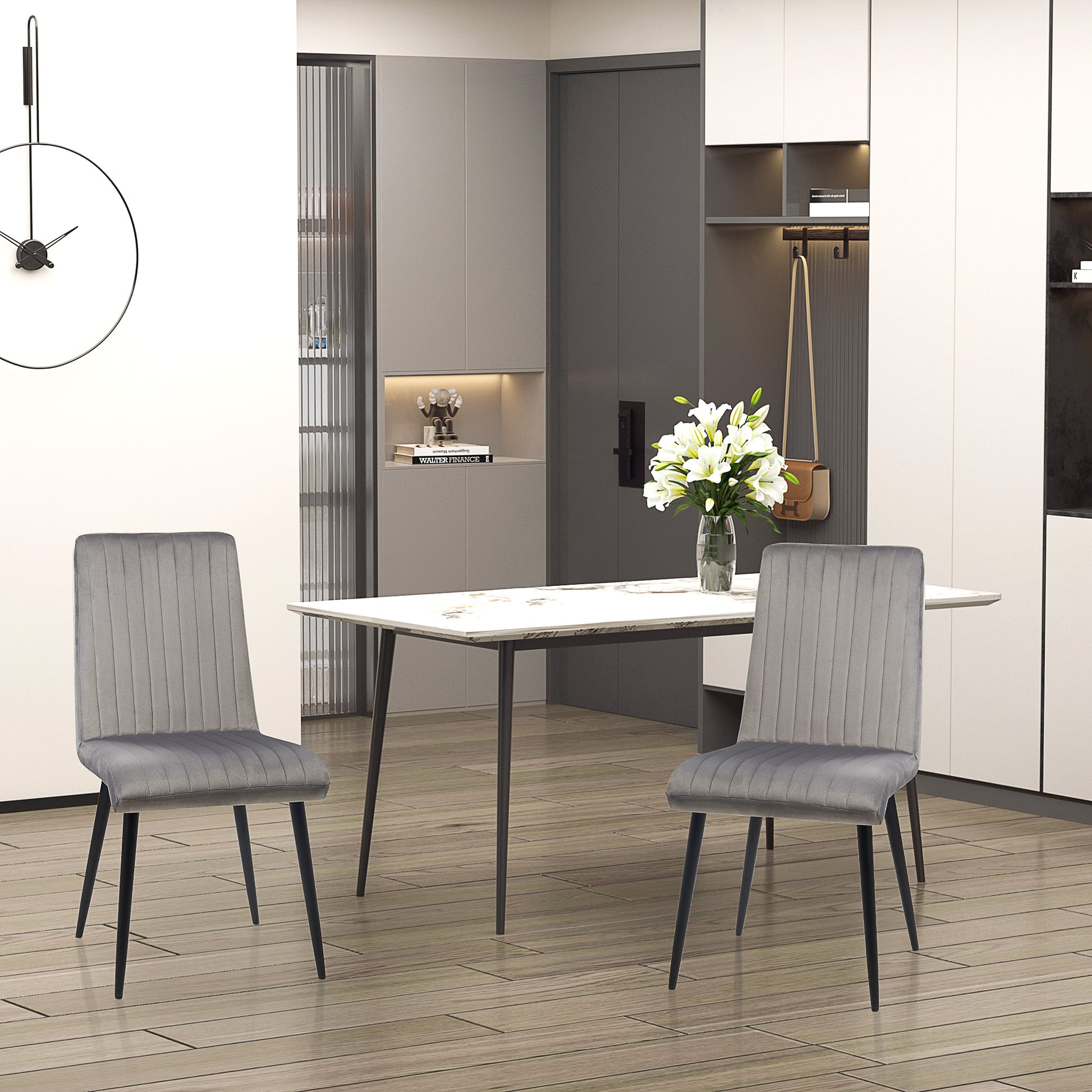 2 pcs Upholstered Velvet Effect Fabric Dining Chairs, Kitchen Chairs with Steel Legs and Space-Saving Design, 43x58x90 cm, Gray and Black
