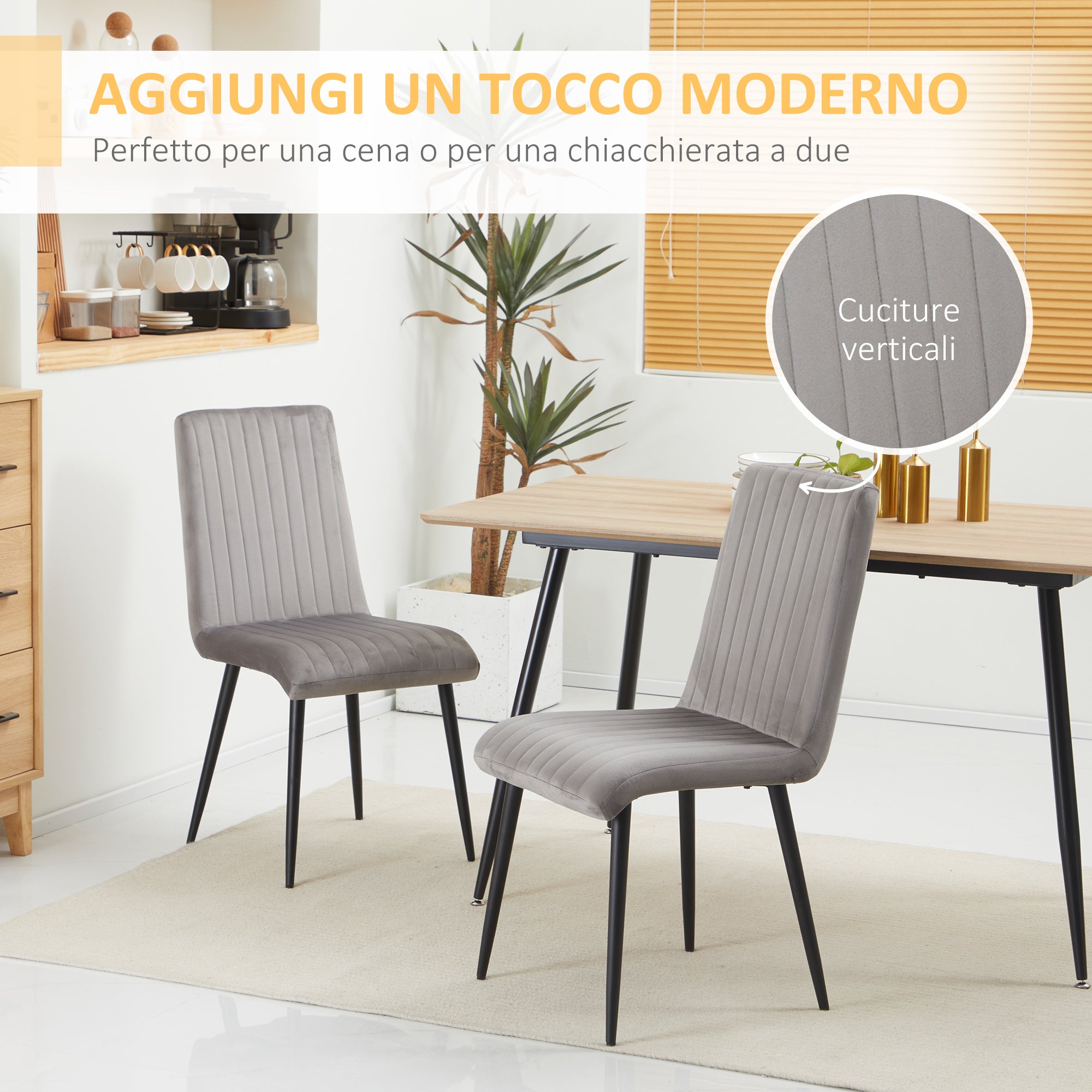 2 pcs Upholstered Velvet Effect Fabric Dining Chairs, Kitchen Chairs with Steel Legs and Space-Saving Design, 43x58x90 cm, Gray and Black