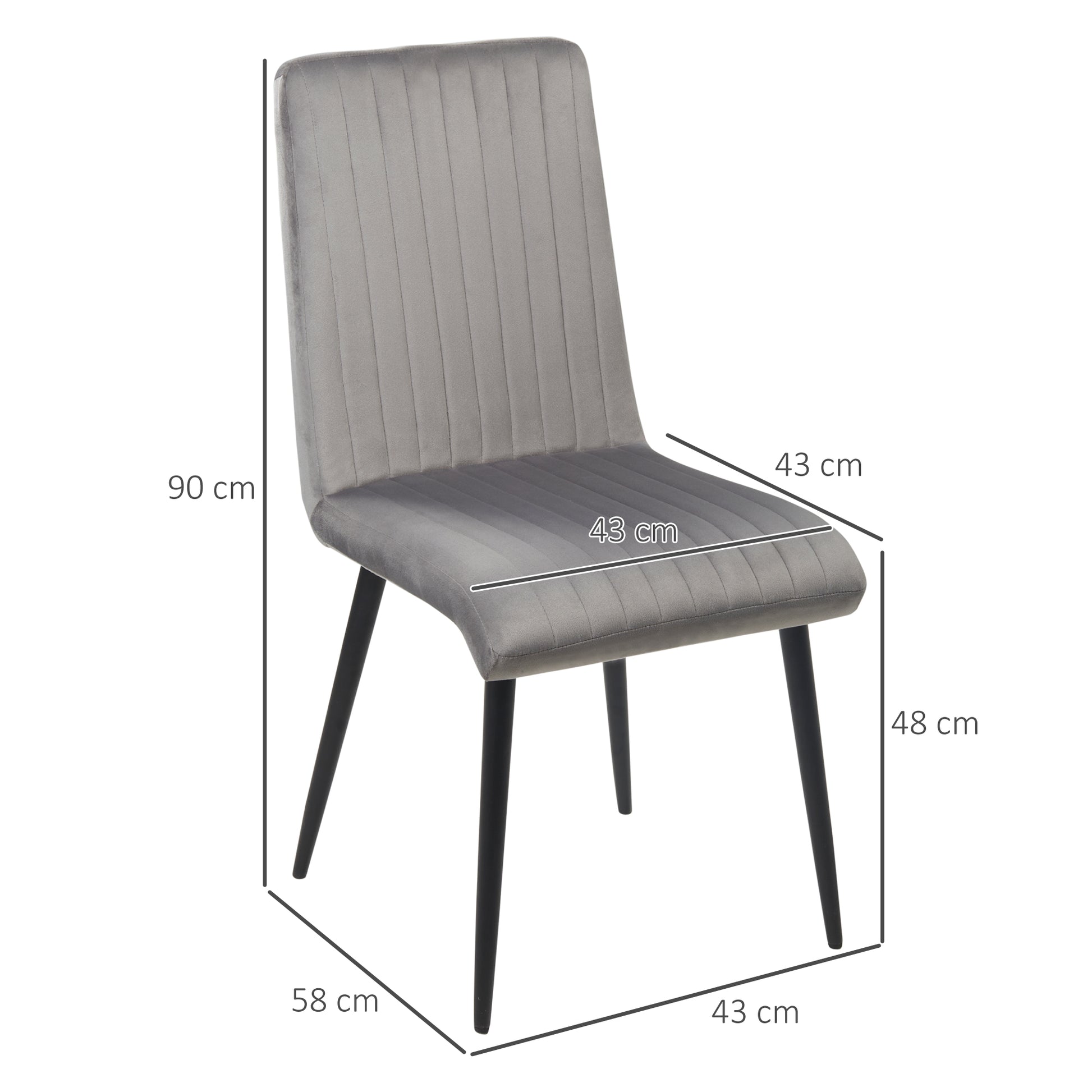 2 pcs Upholstered Velvet Effect Fabric Dining Chairs, Kitchen Chairs with Steel Legs and Space-Saving Design, 43x58x90 cm, Gray and Black