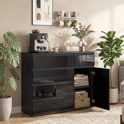 Sideboard — 5-Drawer Dresser with Adjustable Shelf & Soft-Close Door, Kitchen Cabinet for Living Room/Kitchen/Dining, High-Gloss Black, 39.4 x 15.7 x 31.5 in (100 x 40 x 80 cm)
