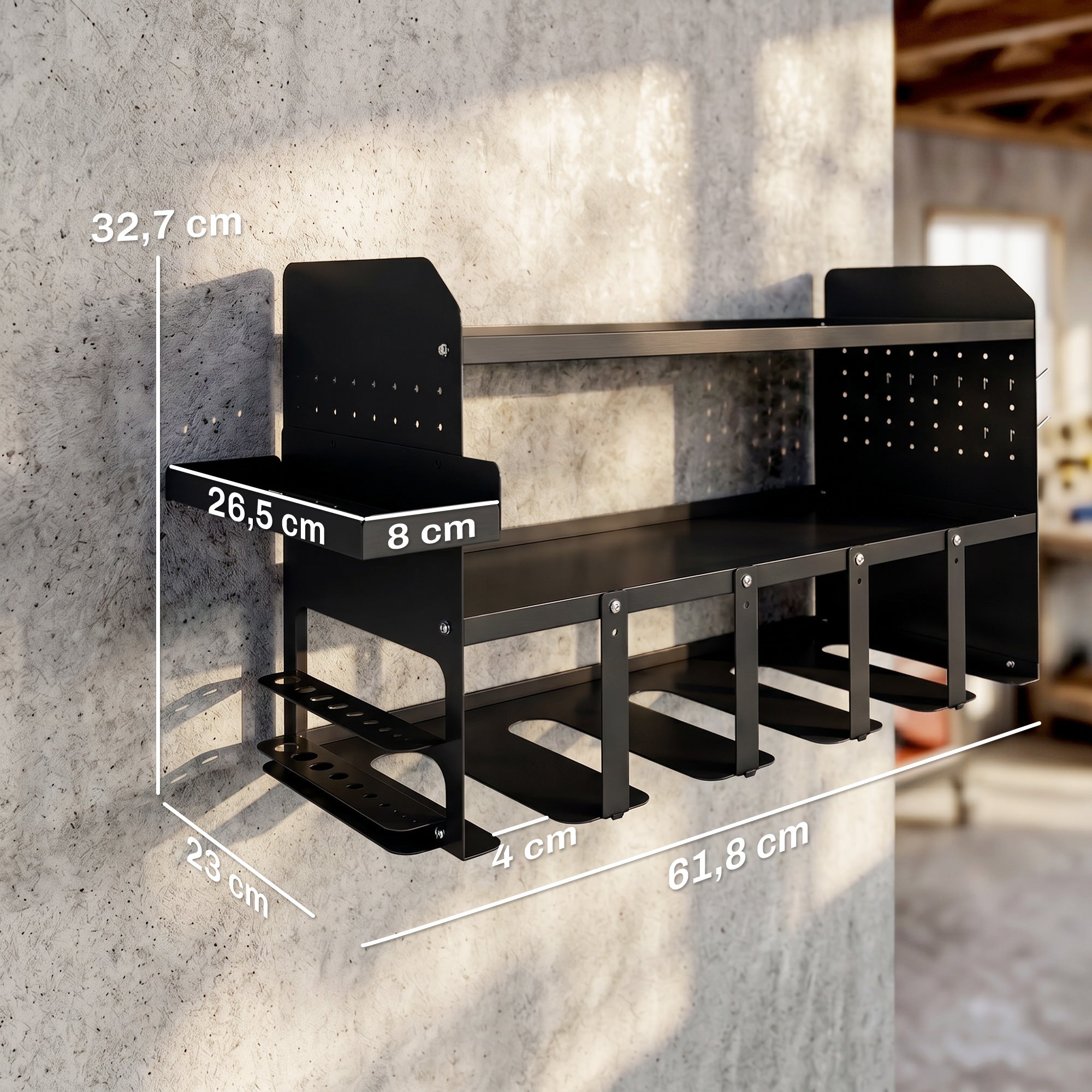 2-Tier Garden Tool Organizer — Wall-Mounted Rack with Hooks & Side Tray, Multi-Purpose Broom Holder for Garage & Shed, Holds up to 110 lb, 24.3 x 9.1 x 12.9 in, Black