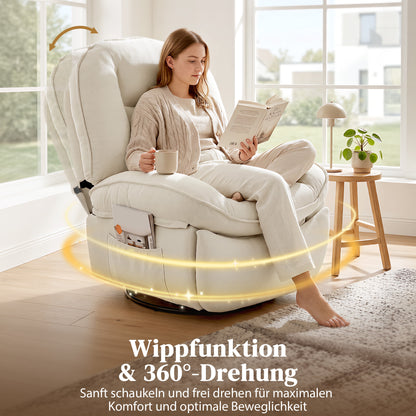 Recliner Chair — Padded Swivel & Rocking TV Recliner with Footrest, Deep Seat, Chenille Upholstery, Side Pocket, Up to 331 lb, Cream